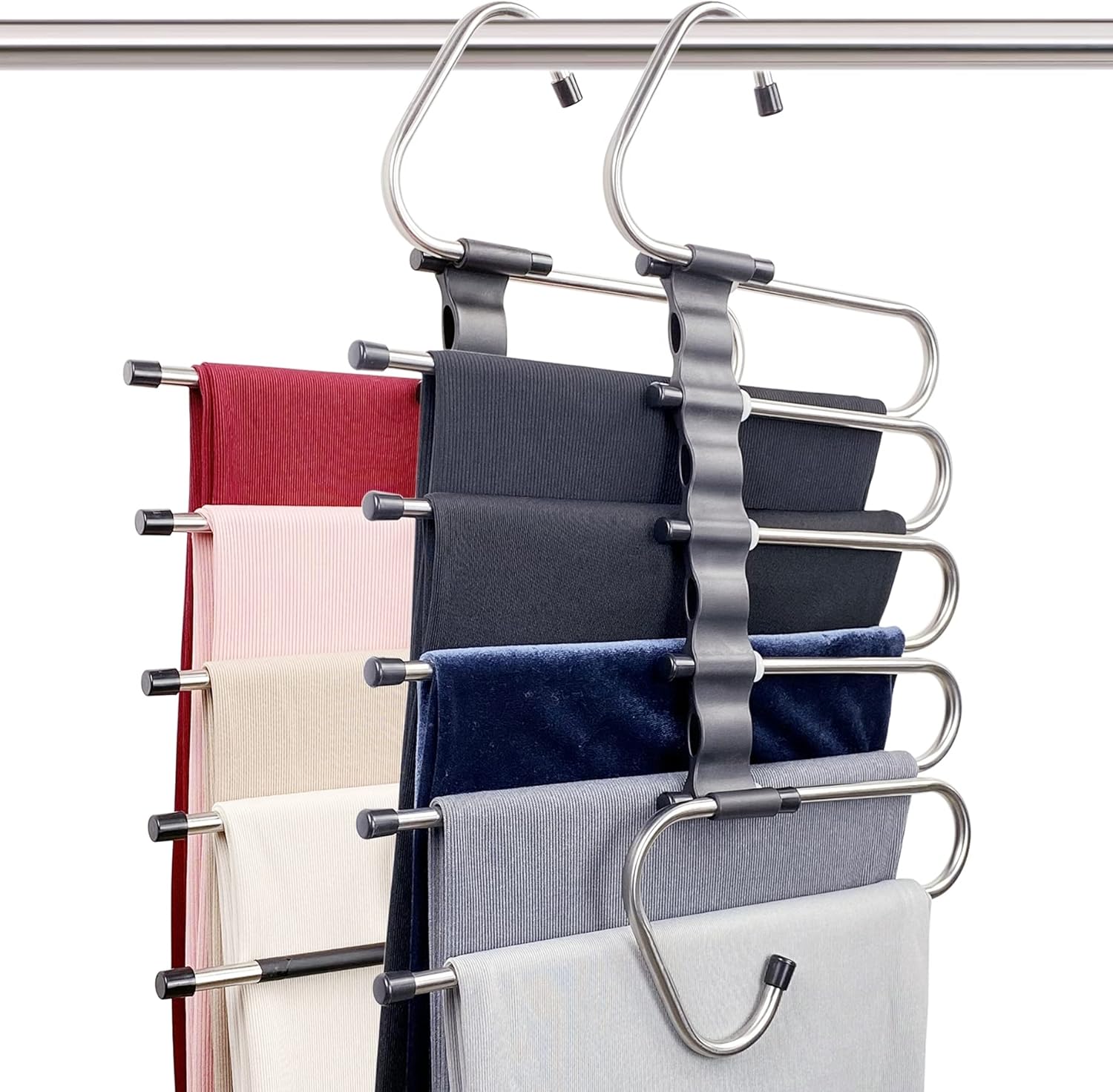 Magic Pants Hangers Space Saving - 2 Pack for Closet Multiple Layers Multifunctional Uses Rack Organizer for Trousers Scarves Slack (2 Pack with 10 Metal Clips) ? ? ? ? ?