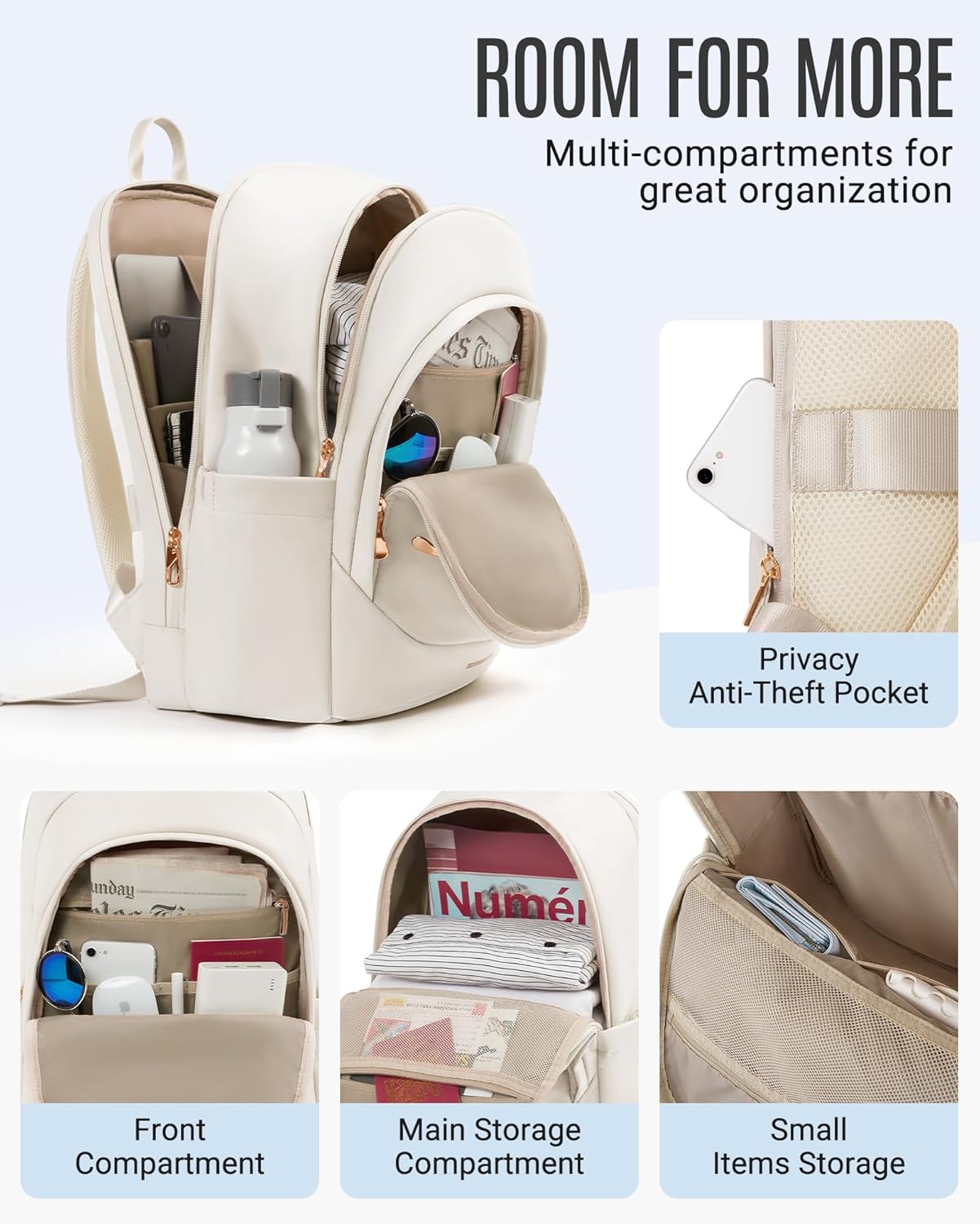 LIGHT FLIGHT Travel Laptop Backpack for Women, 15.6 Inch Anti Theft Backpack with USB Charging Hole, Water Resistant College Bookbag, Large Capacity Black Computer Backpacks for Work, Beige ? ? ? ? ? - Image 6