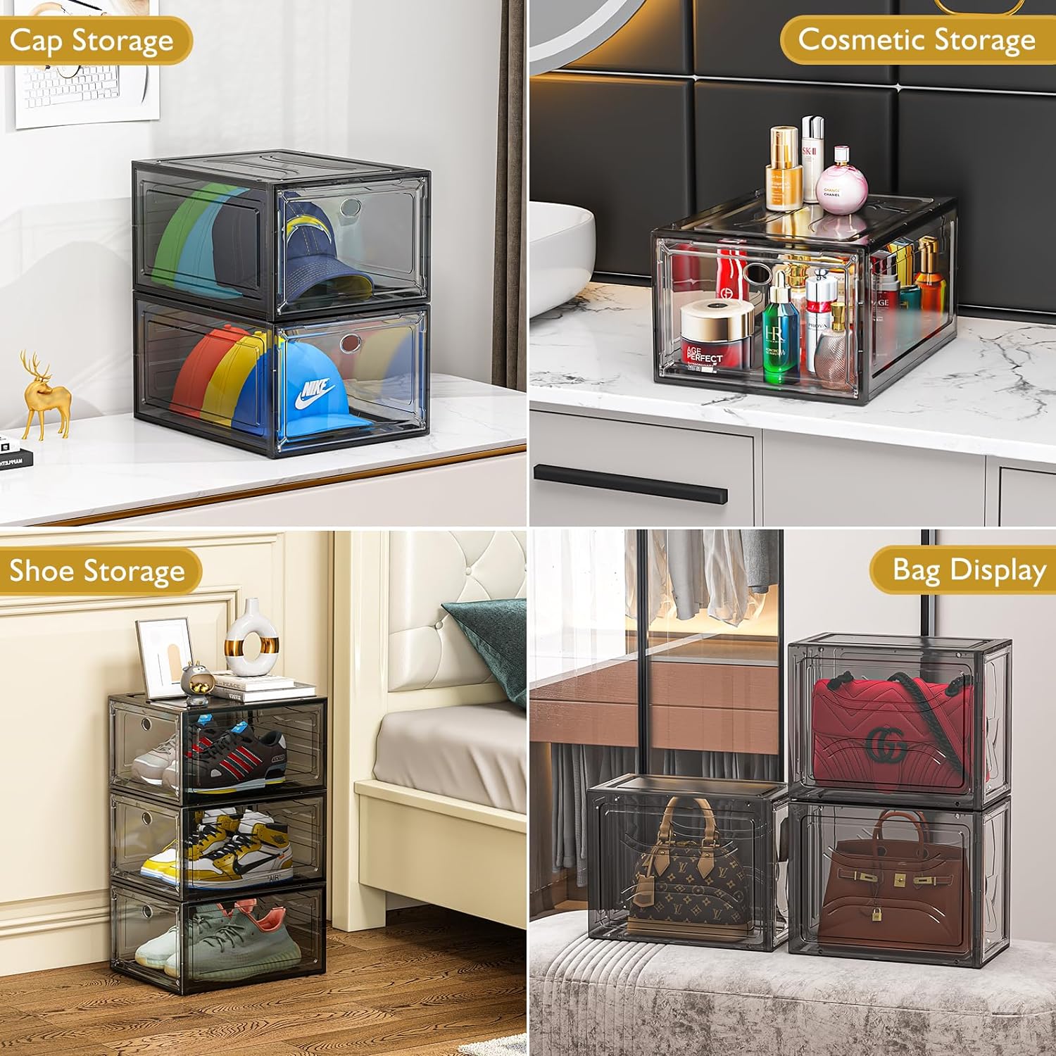 Thicken & Sturdy Clear Shoe Storage Organizer with Magnetic Door, Stackable Boxes for Closet, Foldable Shoe Rack for Sneaker Boot Container, Plastic Shoe Cabinet Shoe Box 6 Pack, Black ? ? ? ? ? - Image 6