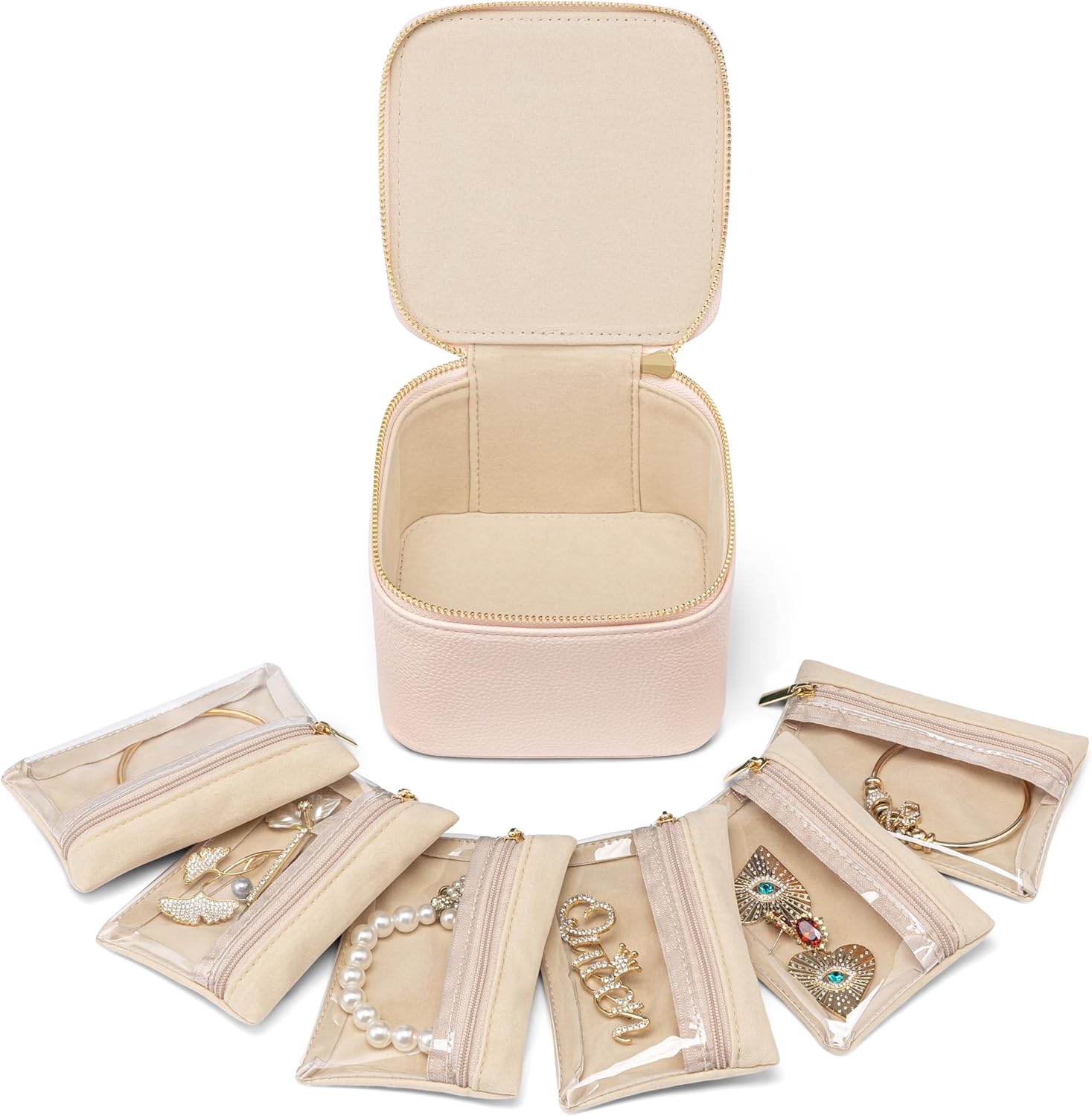 Vlando Travel Jewelry Case,Jewelry Organizer with 6 zipper velvet Jewelry bags for Women Girl,Wedding Birthday Gift Ideas for Women Earrings Rings Storage Gift Box Packaging Pink ? ? ? ? ?