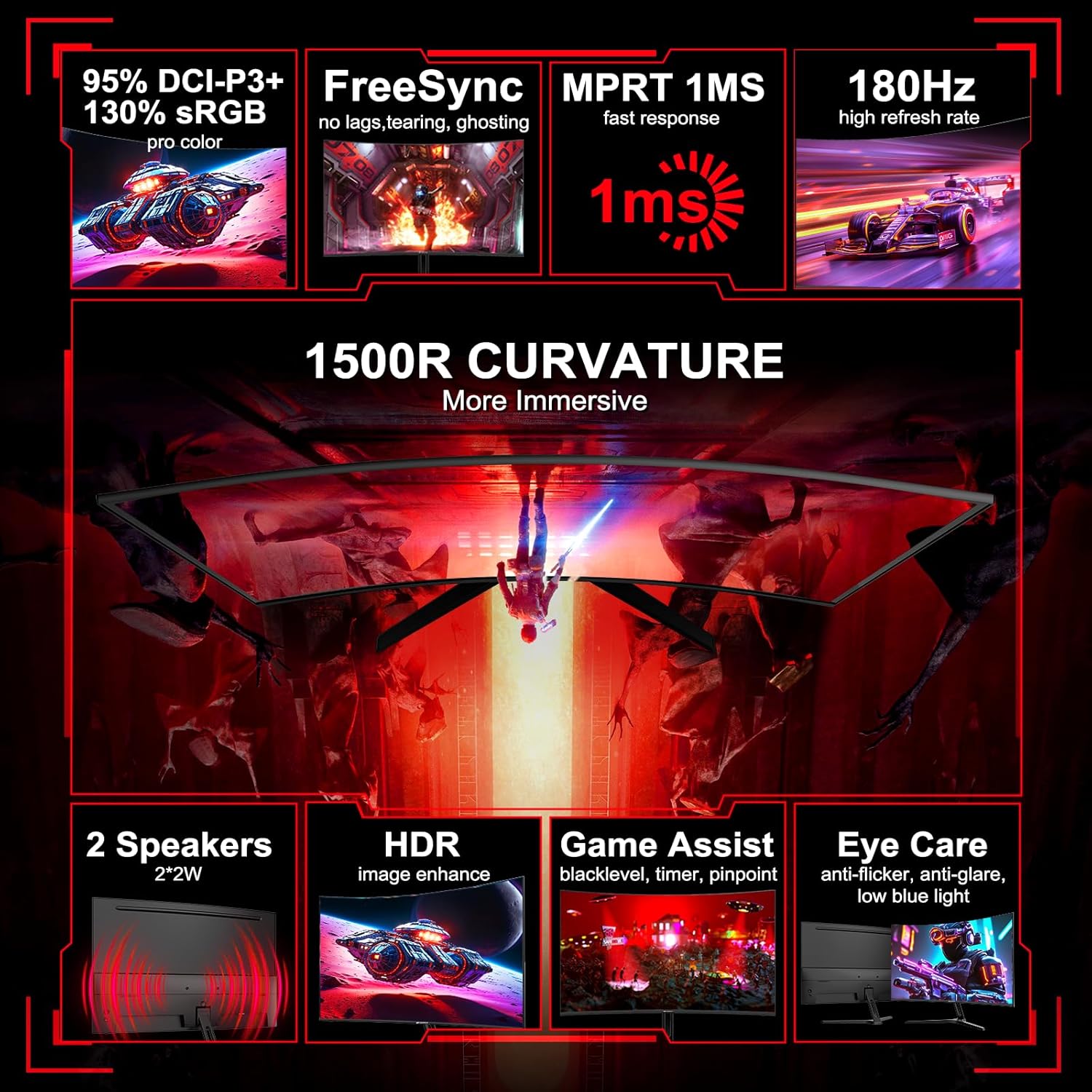 SANSUI 27 Inch Curved Gaming Monitor 180Hz 1ms with Speakers FHD 1080P Computer Monitor FreeSync|1500R|130% sRGB|HDR|Low Blue Light|HDMI DP Ports|VESA Mount|Metal Stand(ES-G27C1 HDMI Cable Included) - Image 2