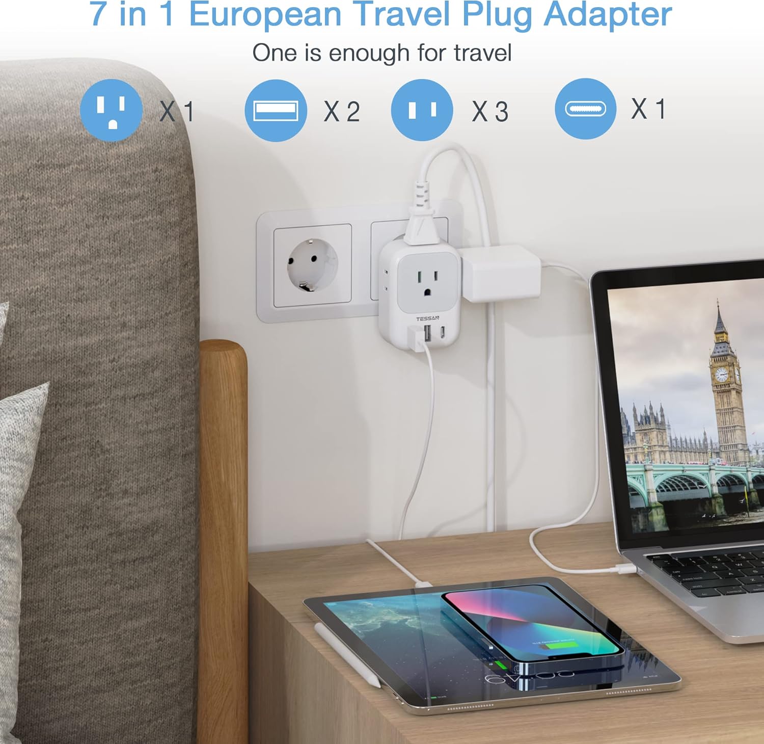 2 Pack European Travel Plug Adapter USB C, TESSAN US to Europe Plug Adapter with 4 Outlets 3 USB Charger, Type C Power Adaptor to Italy Spain France Portugal Iceland Germany, White Gray ? ? ? ? ? - Image 3