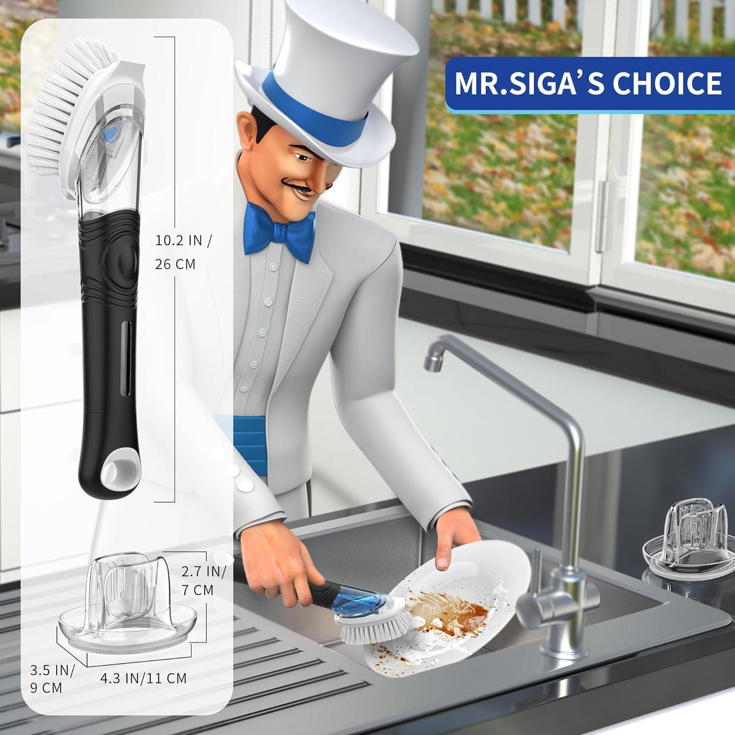 MR.SIGA Soap Dispensing Dish Brush Storage Set, Kitchen Brush with Holder for Pot Pan Sink Cleaning - Image 2