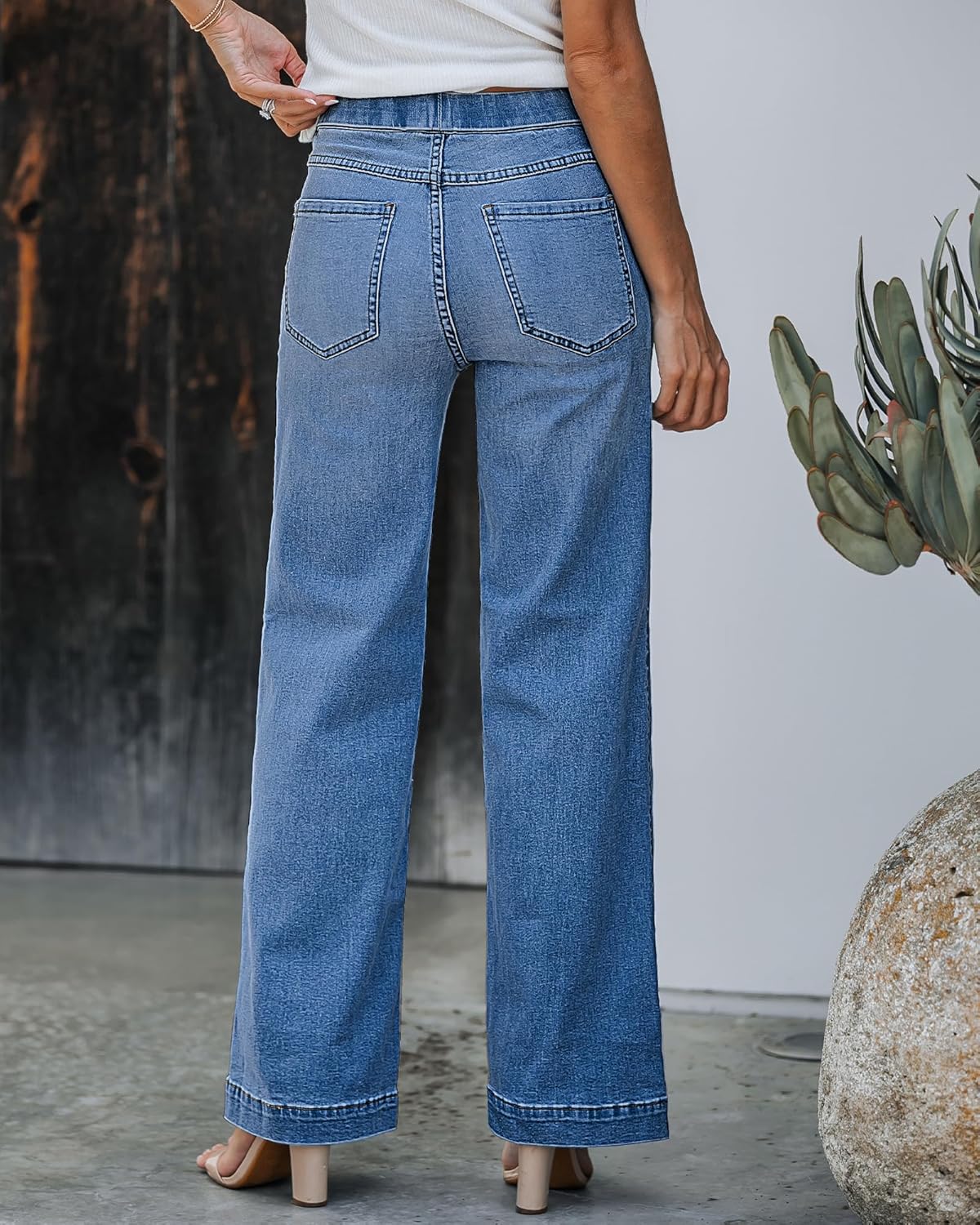 GRAPENT Pull On Womens Jeans Baggy Stretchy High Waisted Denim Wide Leg Trouser Pants Trendy Front Seam 90s Loose Jean ? - Image 2