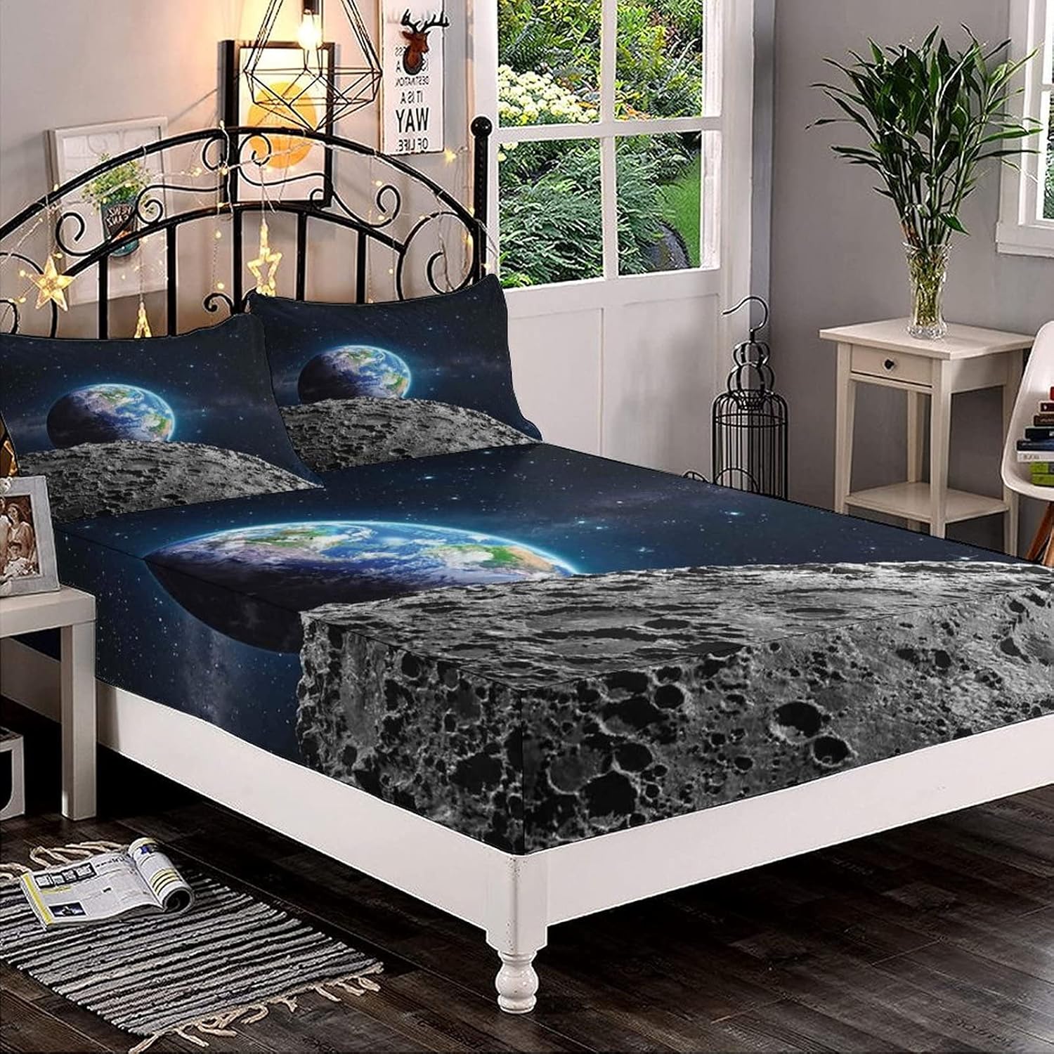 Decorative Bedding Sheet Set Twin XL Size, Galaxy Deep Pockets Fitted Sheet & 2 Pillow Sham Set, View of Earth from Moon Surface Print Microfiber 3pc Bed Sheets Set, for Women & Men Bedding