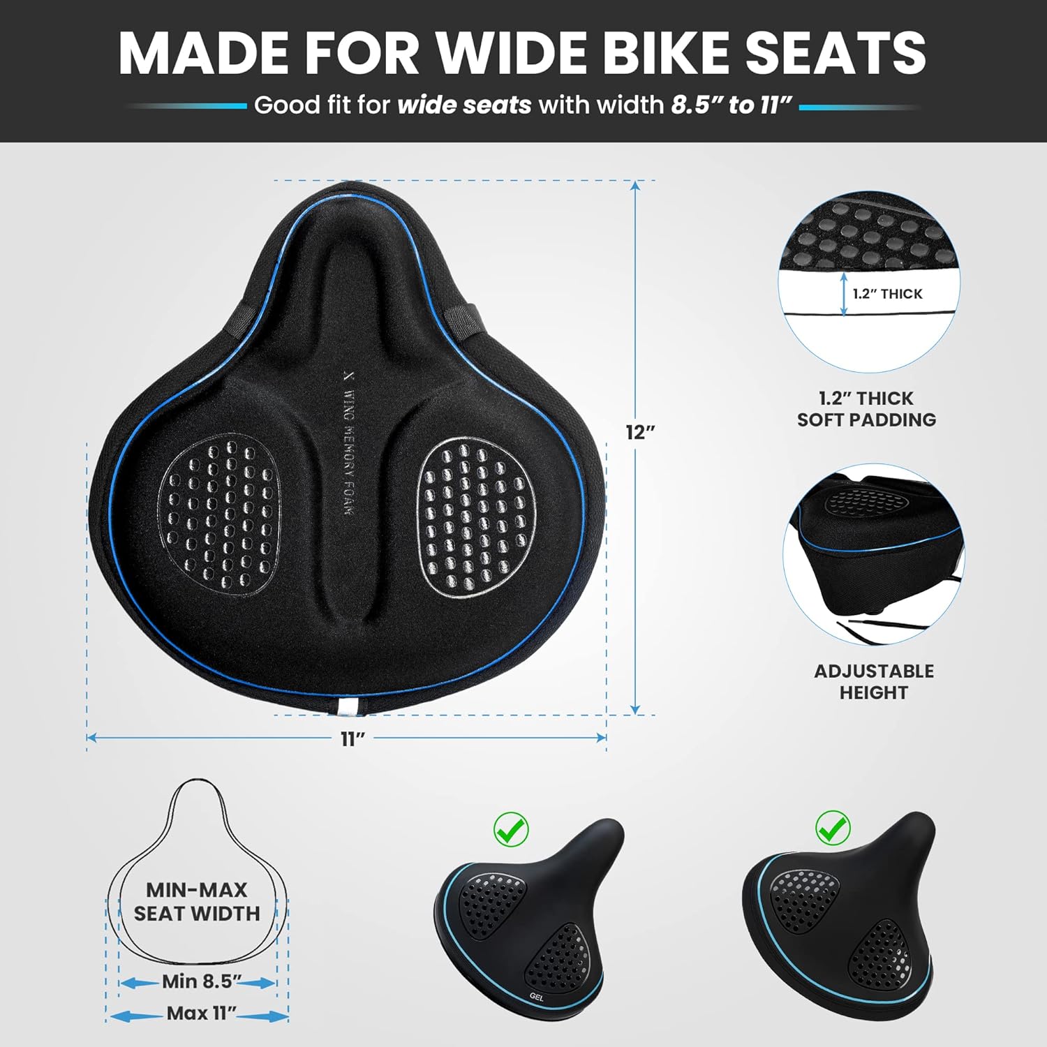 X Wing Bike Seat Cover Padded with Memory Foam OR Gel, Bicycle Saddle Soft for Men Women, Comfort Exercise Cycle Seats Cushion Padded Fits Stationary Bikes, Spin, for Indoor and Outdoor Cycling ? ? ? ? ? - Image 2