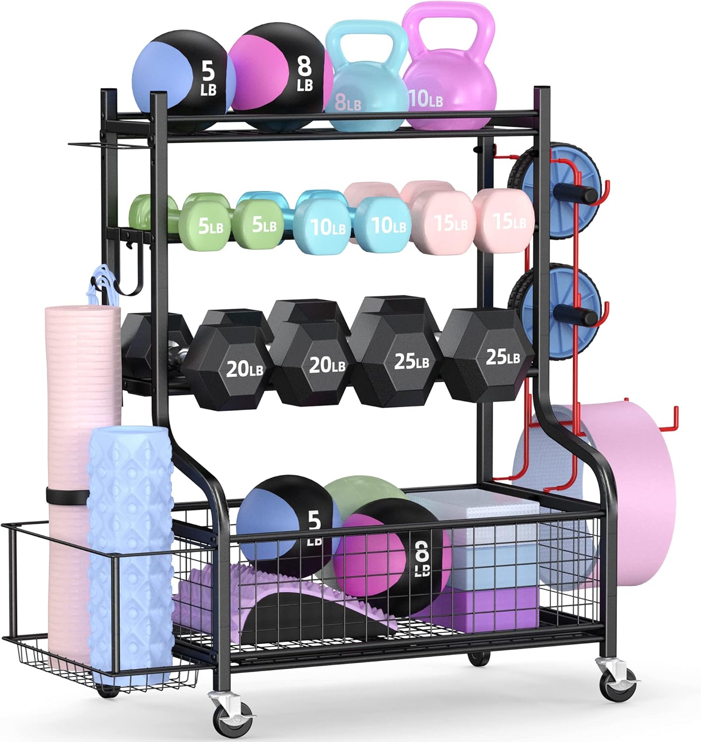 PLKOW Dumbbell Rack, Weight Rack for Dumbbells, Home Gym Storage for Dumbbells Kettlebells Yoga Mat and Balls, All in One Workout Storage with Wheels and Hooks, Powder Coated Finish Steel ? ? ? ? ?