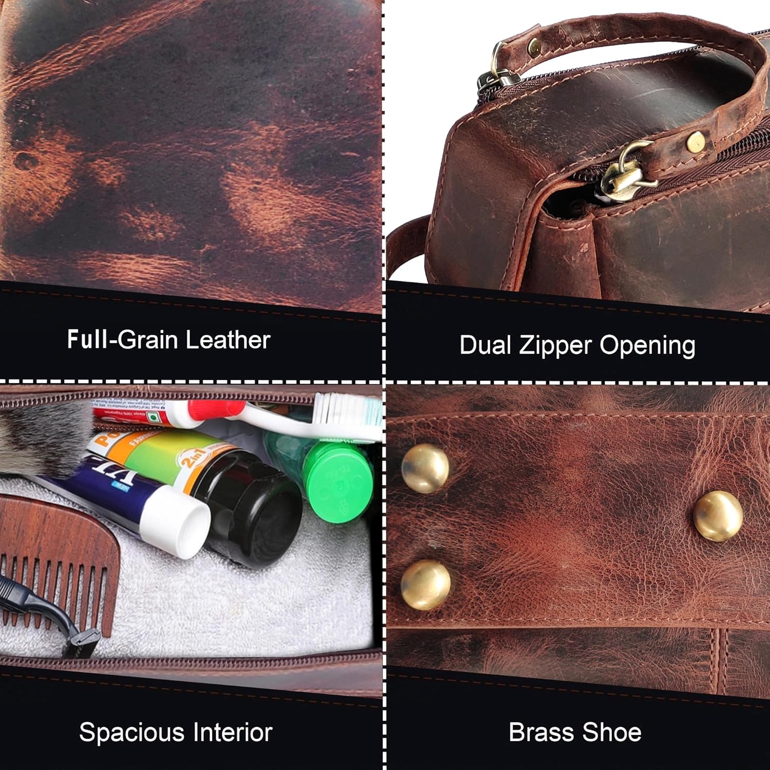 RUSTIC TOWN Buffalo Leather Toiletry Bag : Vintage Travel Shaving & Dopp Kit : for Toiletries, Cosmetics & More : Spacious Interior & Waterproof Lining : Compact, Fits Easily in Luggage ? ? ? ? ? - Image 4