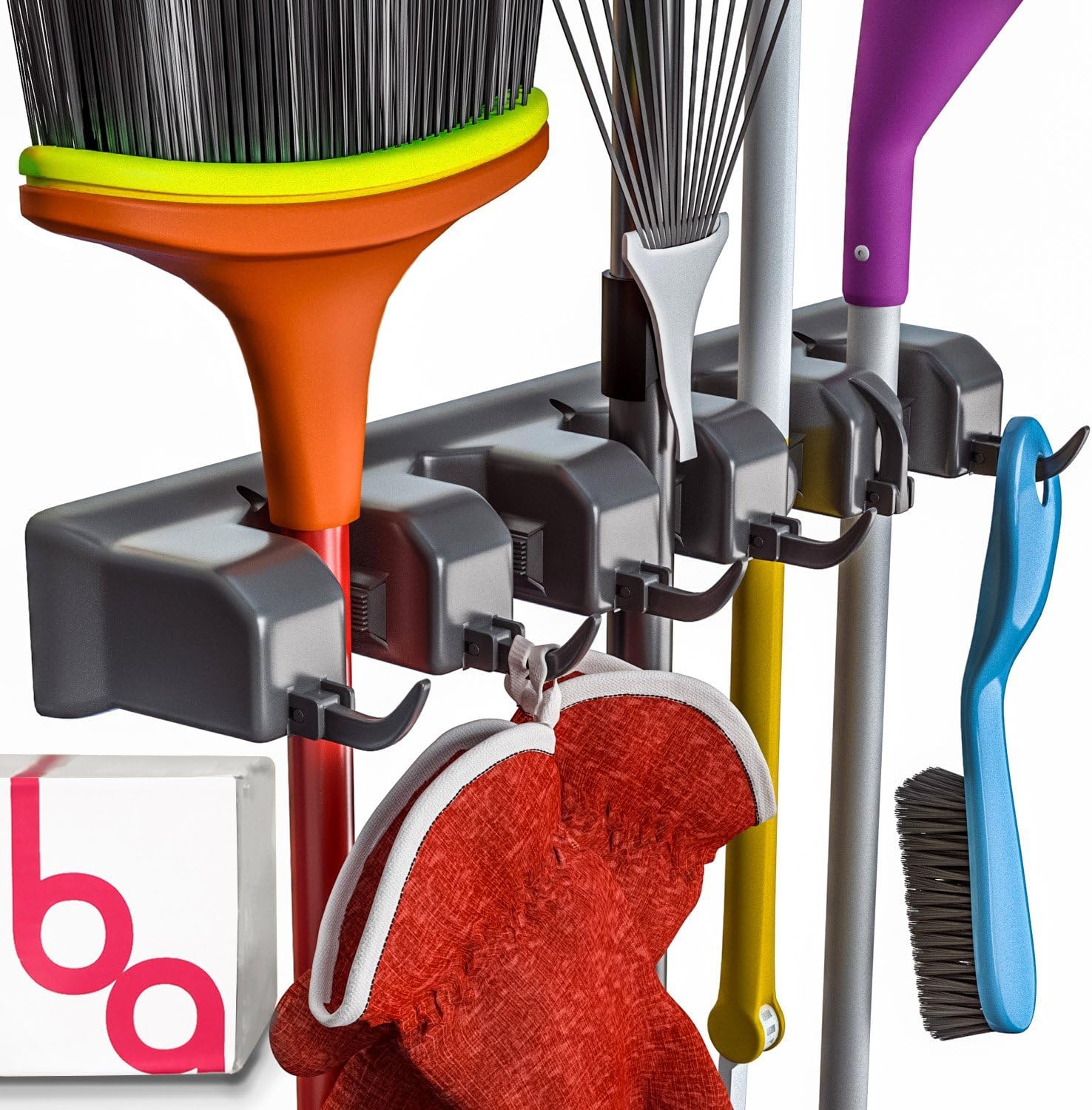Berry Ave Broom Holder & Wall Mount Garden Tool Organizer - Home Laundry Room, Kitchen, Closet, Shed, Garage Organization and Storage Utility Rack - 5 Slots & 6 Hooks -Rake, Shovel, Mop Hanger (Black) ? ? ? ? ?