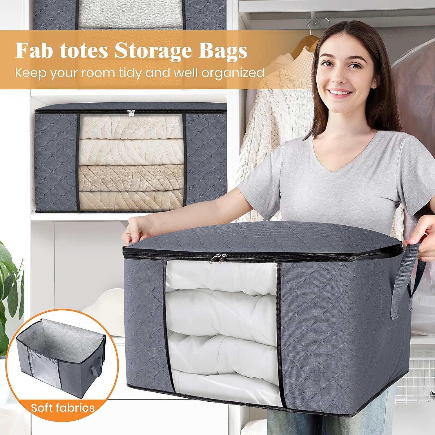 Fab totes 6 Pack Clothes Storage, Foldable Thick Fabric Blanket Storage Bags, Storage Containers for Organizing Bedroom, Closet, Clothing, Comforter, Organization and Storage with Handle,Grey ? ? ? ? ? - Image 5