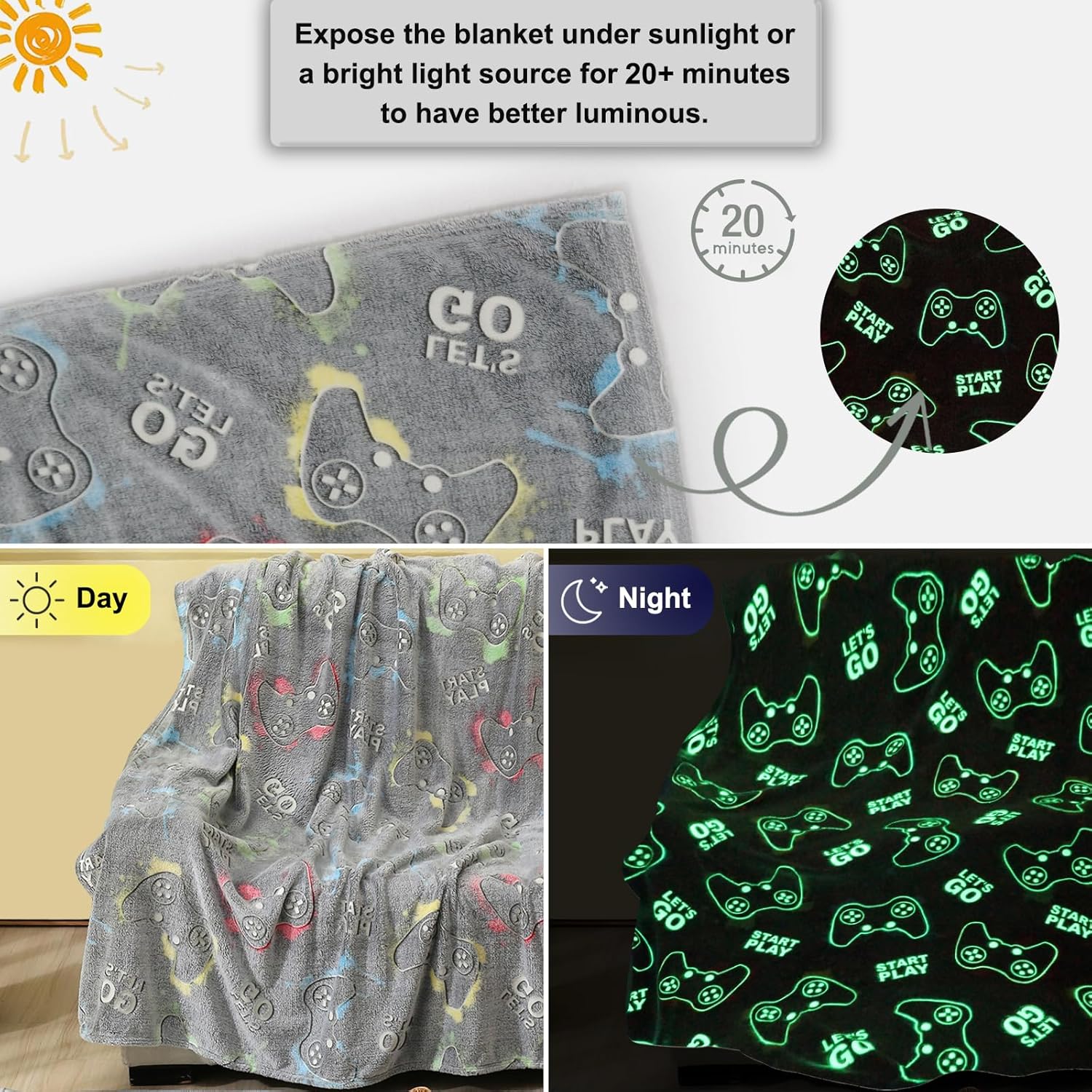 Jekeno Glow in The Dark Gaming Blanket Gamer Game Controller Throw Gift Toys for Kids Boys Teen Son Adults Gamepad Presents Easter Birthday Christmas Bedroom Decor Luminous Blanket Grey 50 - Image 2