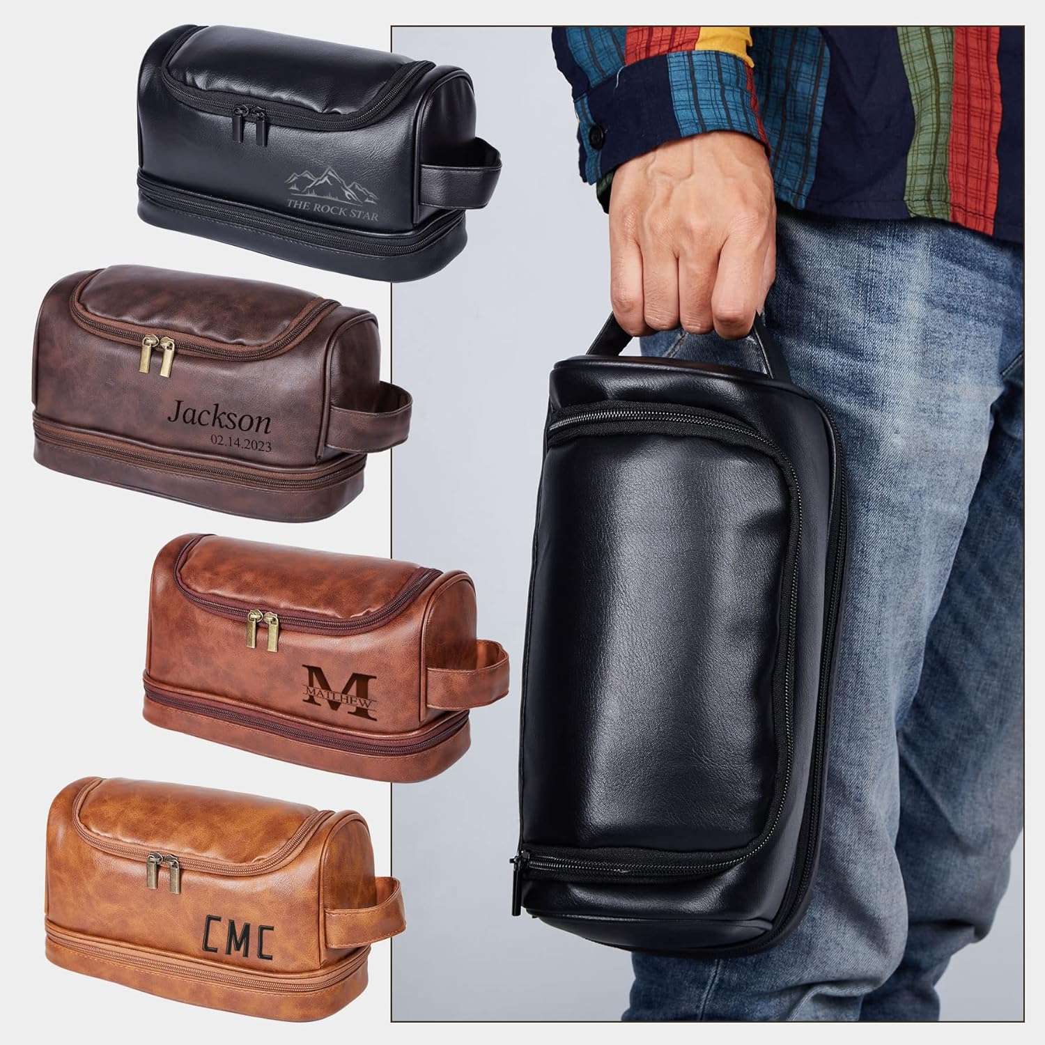Flycalf Personalized Toiletry Bag for Men Shaving Bag Hanging Water Resistant Leather Father's Day 2023 Large Capacity Organizer Engraved Text Shower Toiletries Accessories ? ? ? ? ? - Image 6