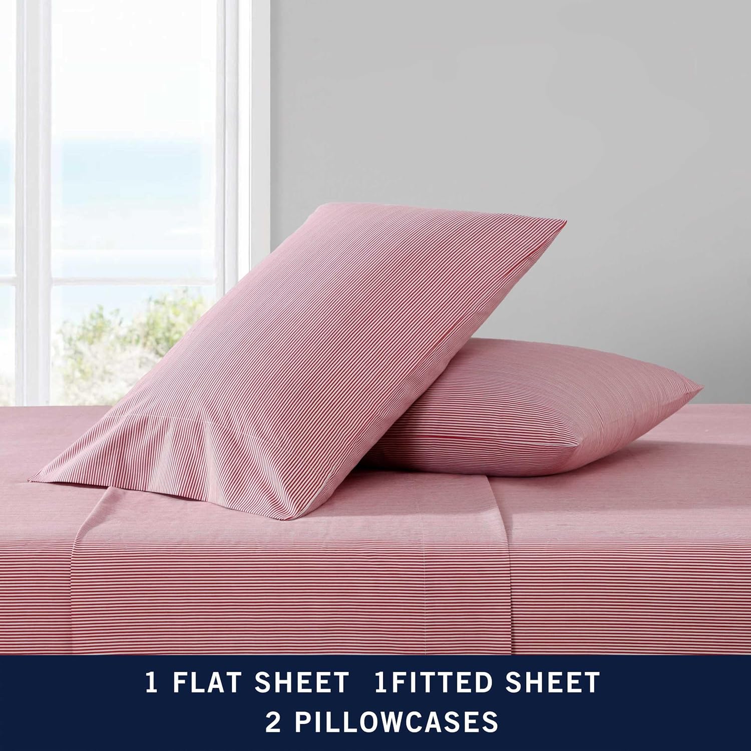 Nautica - Twin Sheet Set, Lightweight & Breathable Cotton Percale Bedding Set with Matching Sham(s), Crisp & Cool Bedding Essentials, Oeko-Tex Certified (Penny Pinstripe Navy, Twin) ? ? ? ? ? - Image 6
