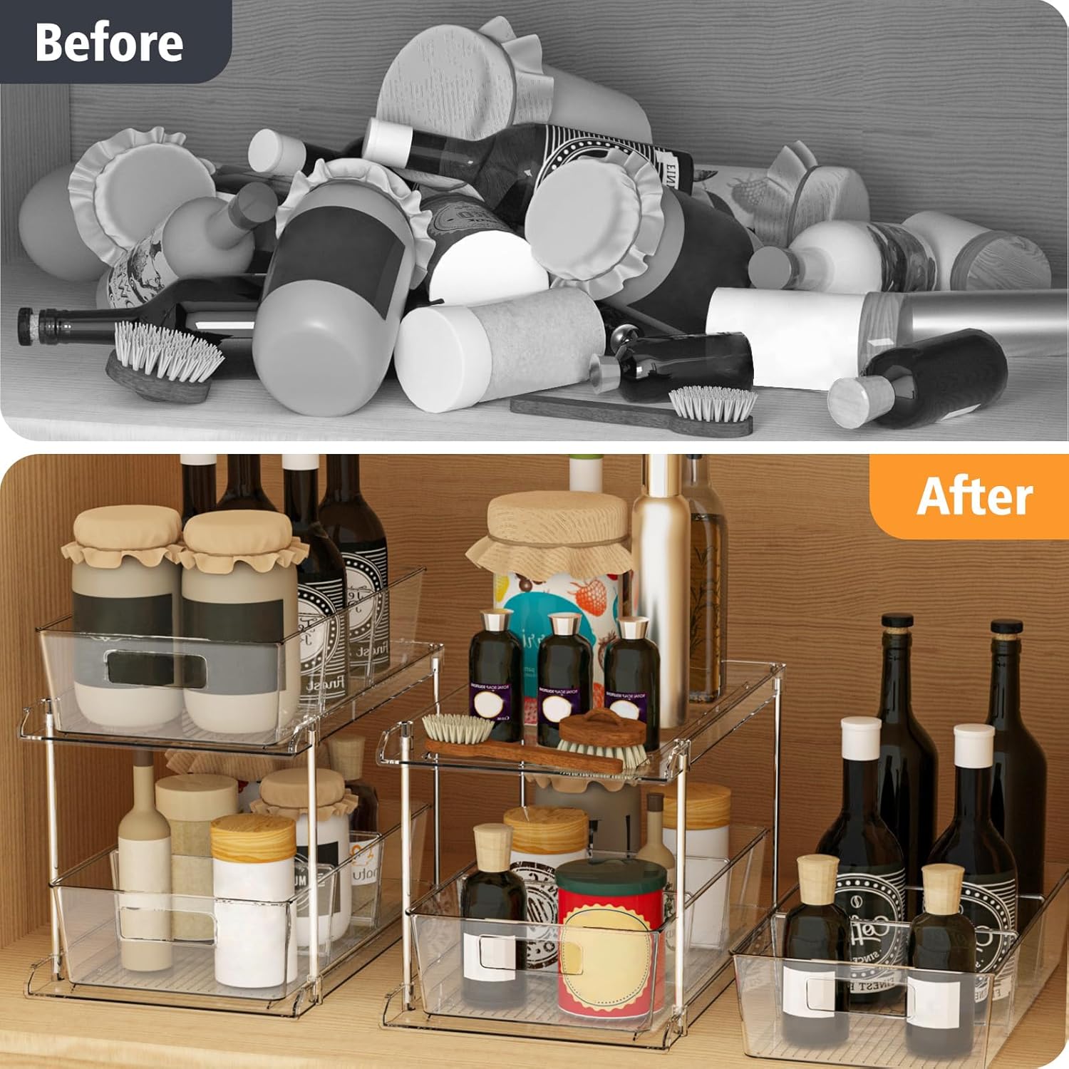 Pull-out Home Organizer, 2 Pack 2 Tier Clear Bathroom Organizer with Dividers, Multipurpose Vanity Counter Tray, Kitchen, Closet Organizers, Cabinet & Storage Container Bins - Image 6