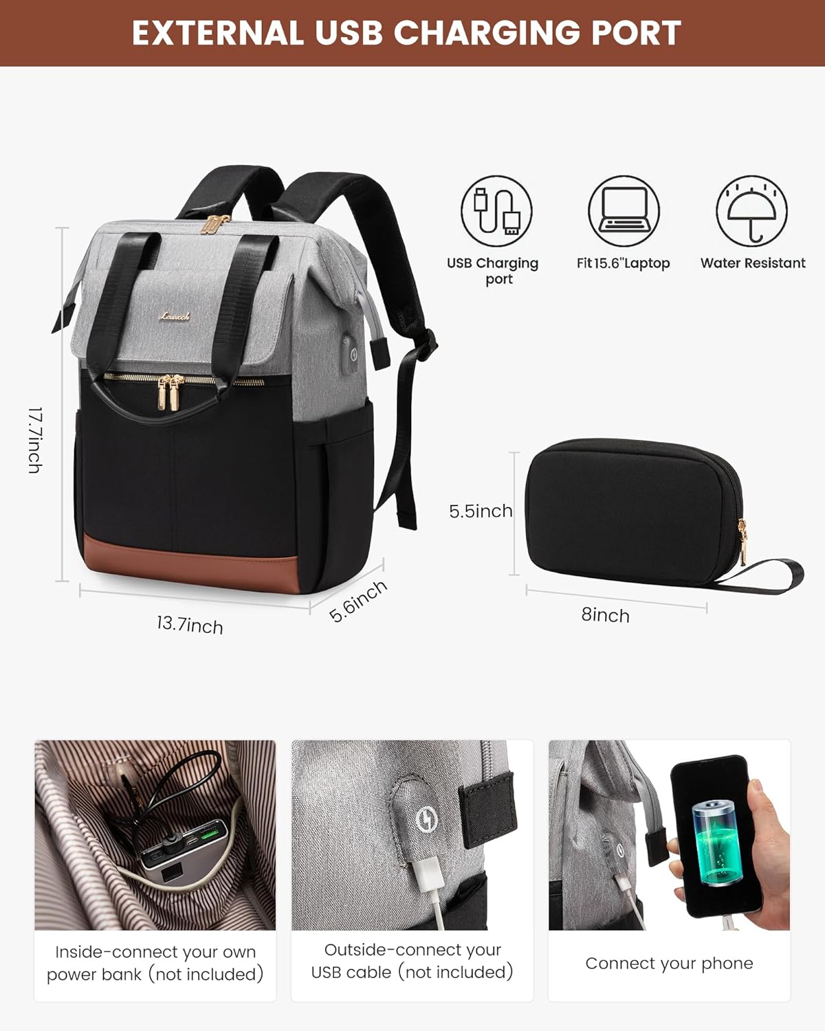 LOVEVOOK Laptop Backpack for Women, 15.6 Inch Work Laptop Bag with USB Port, Fashion Teacher Nurse Backpack Purse, Waterproof Travel Computer Backpack with Organizer Bag, 2PCS, Grey-Black ? ? ? ? ? - Image 4