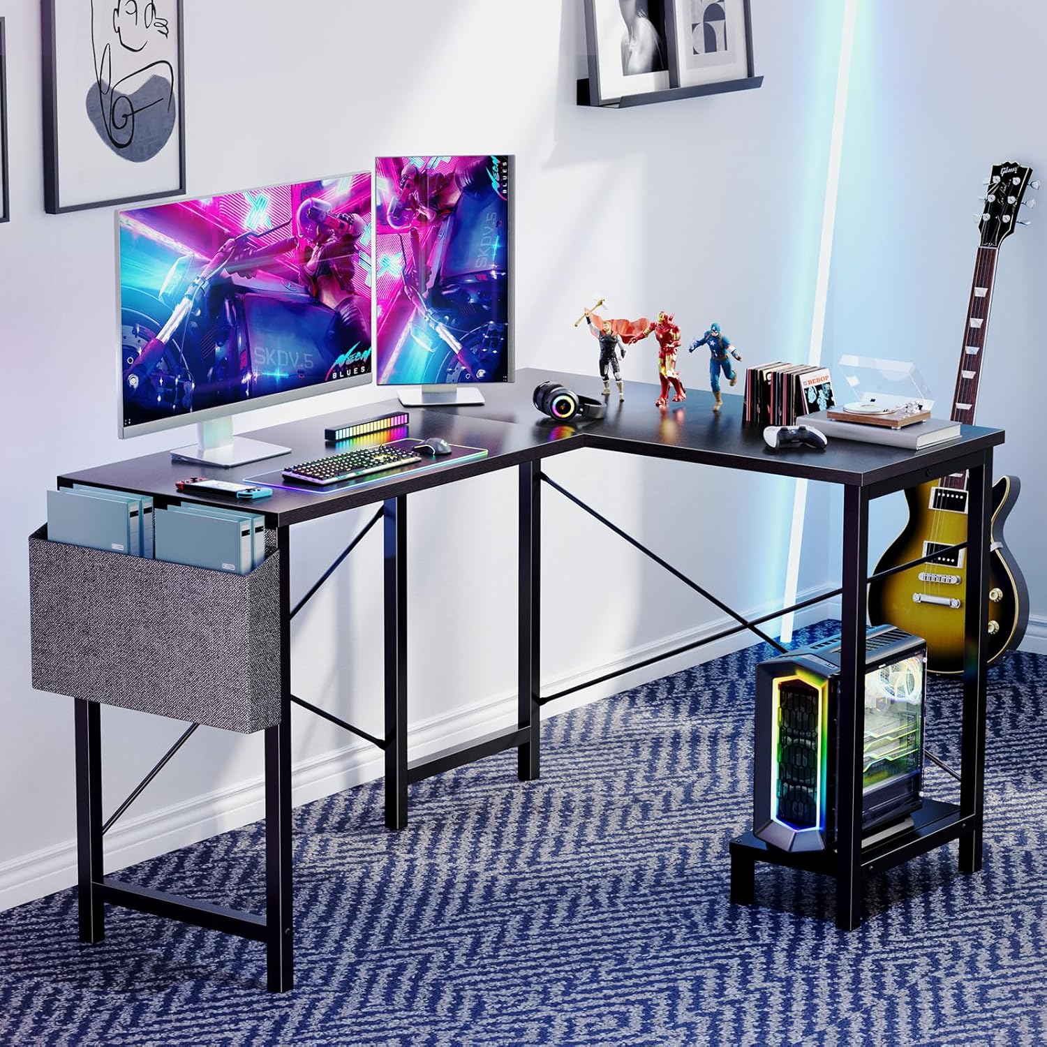 Sweetcrispy L Shaped Computer Desk - Gaming Table Corner Desk 50 Inch PC Writing Black Desk Study Desks with Wooden Desktop CPU Stand Side Bag Reversible for Home Office Dorm Small Space ? ? ? ? ? - Image 4