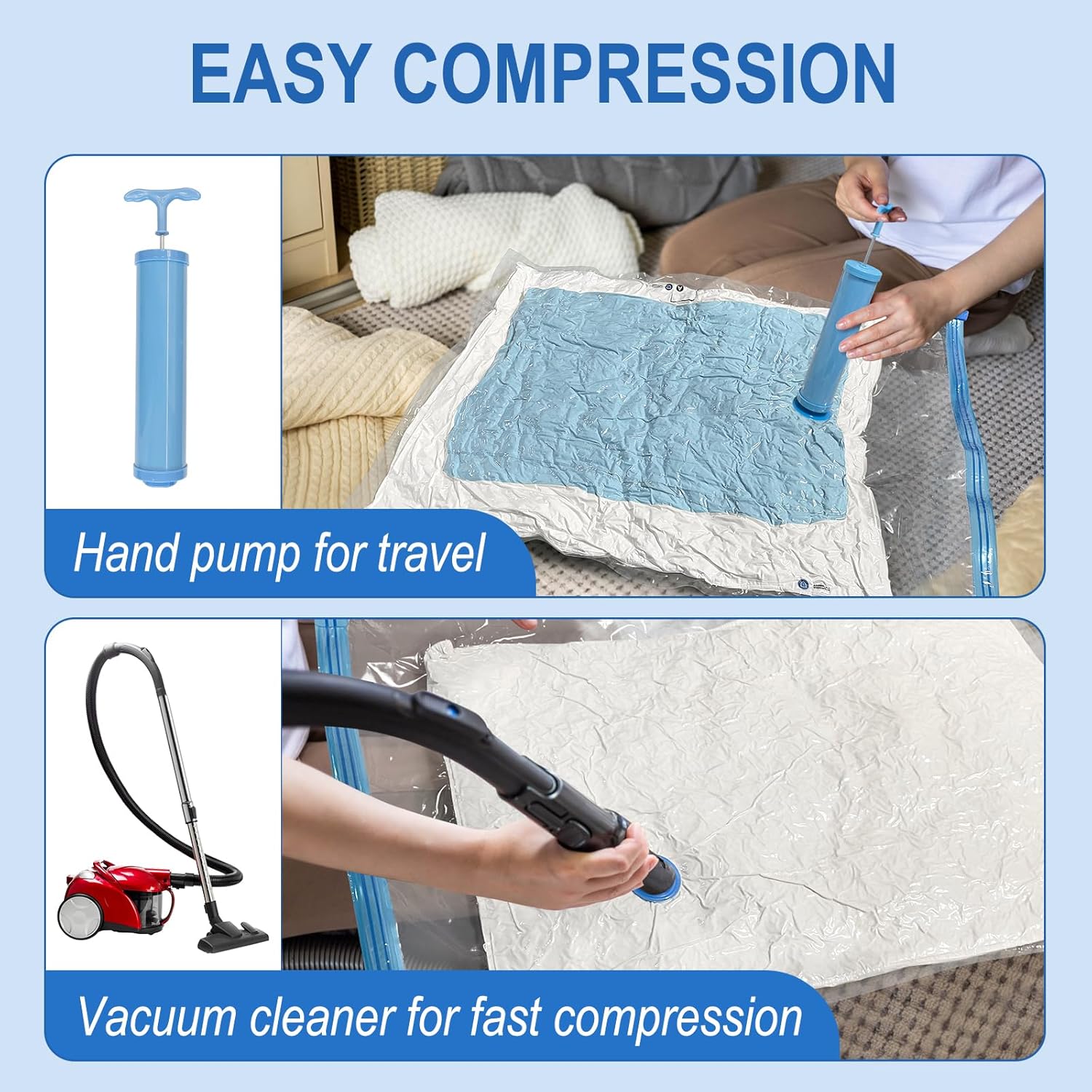 16 Pack Vacuum Storage Bags with Hand Pump, 4 Jumbo + 4 Large + 4 Medium + 4 Small Plastic Packaging Bags, 80% Space Saver Vacuum Seal Bags for Clothing, Travel Lugggage, Blankets, Comforters ? ? ? ? ? - Image 6