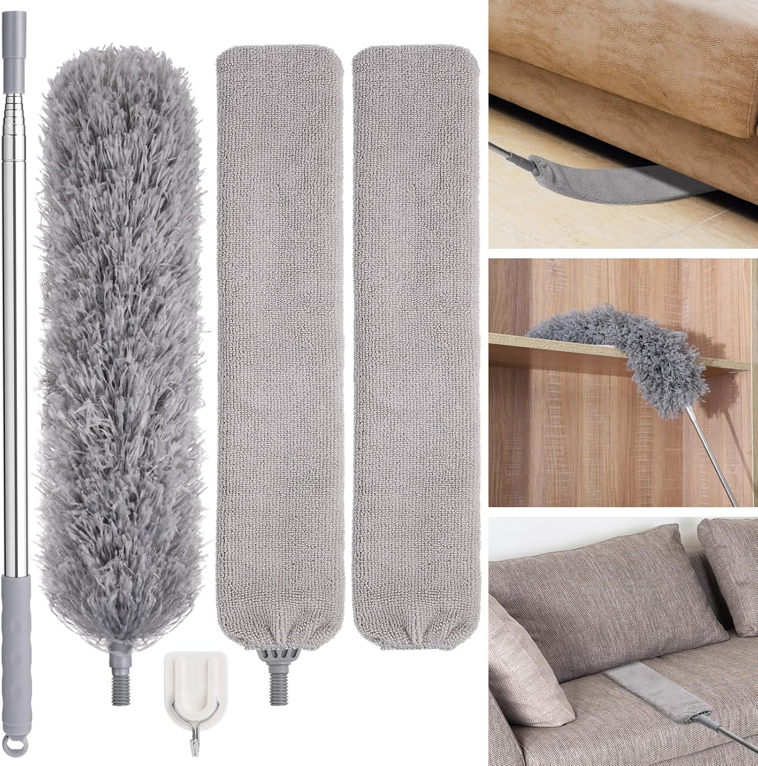 Feather Duster Set (4 Pieces), 30-100 inch Retractable Gap Dust Cleaner and Feather Duster, Microfiber Duster Can be Used for Cleaning Ceilings, Furniture Refrigerators and Under Sofas - Image 2