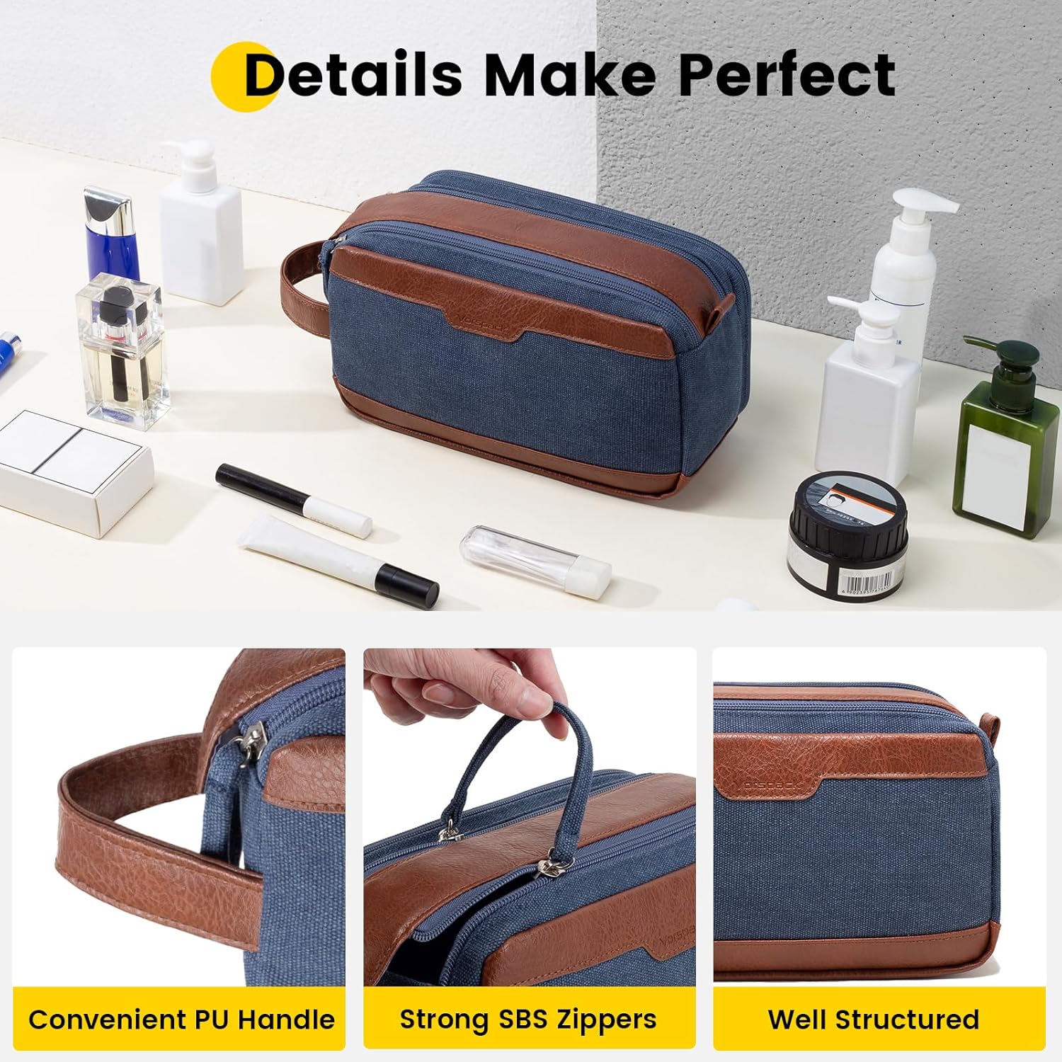Vorspack Travel Toiletry Bag for Men - Canvas Dopp Kit Water Resistant Skincare Bag Large Shaving Bag for Bathroom Toiletries Accessories Gifts - Navy Blue ? ? ? ? ? - Image 4
