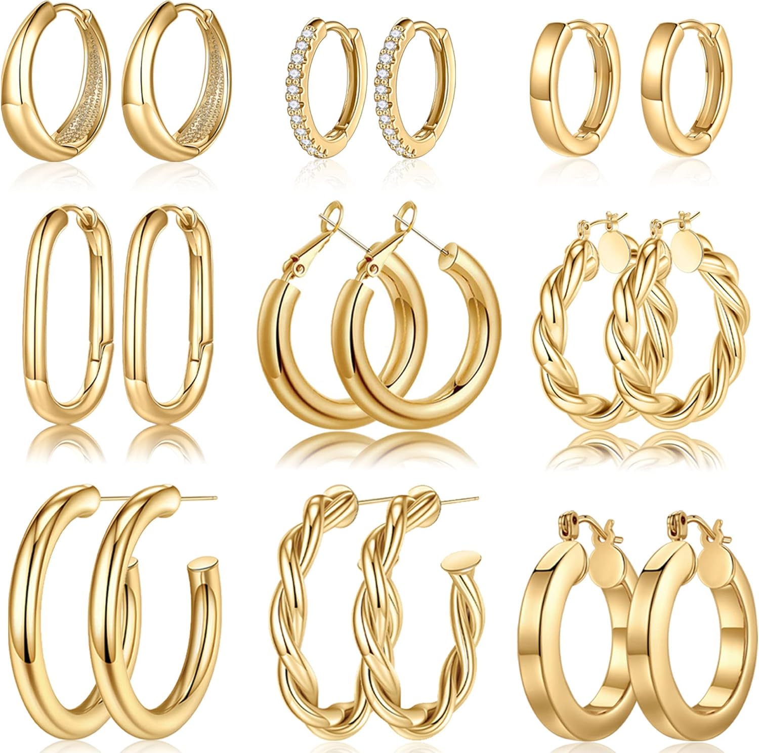 Yesteel 9 Pairs Gold Hoop Earrings for Women, 14K Real Gold Plated Chunky Hoop Earrings Set for Women Hypoallergenic Thick Lightweight Hoop Earrings for Women Gold Jewelry Gifts ? ? ? ? ?