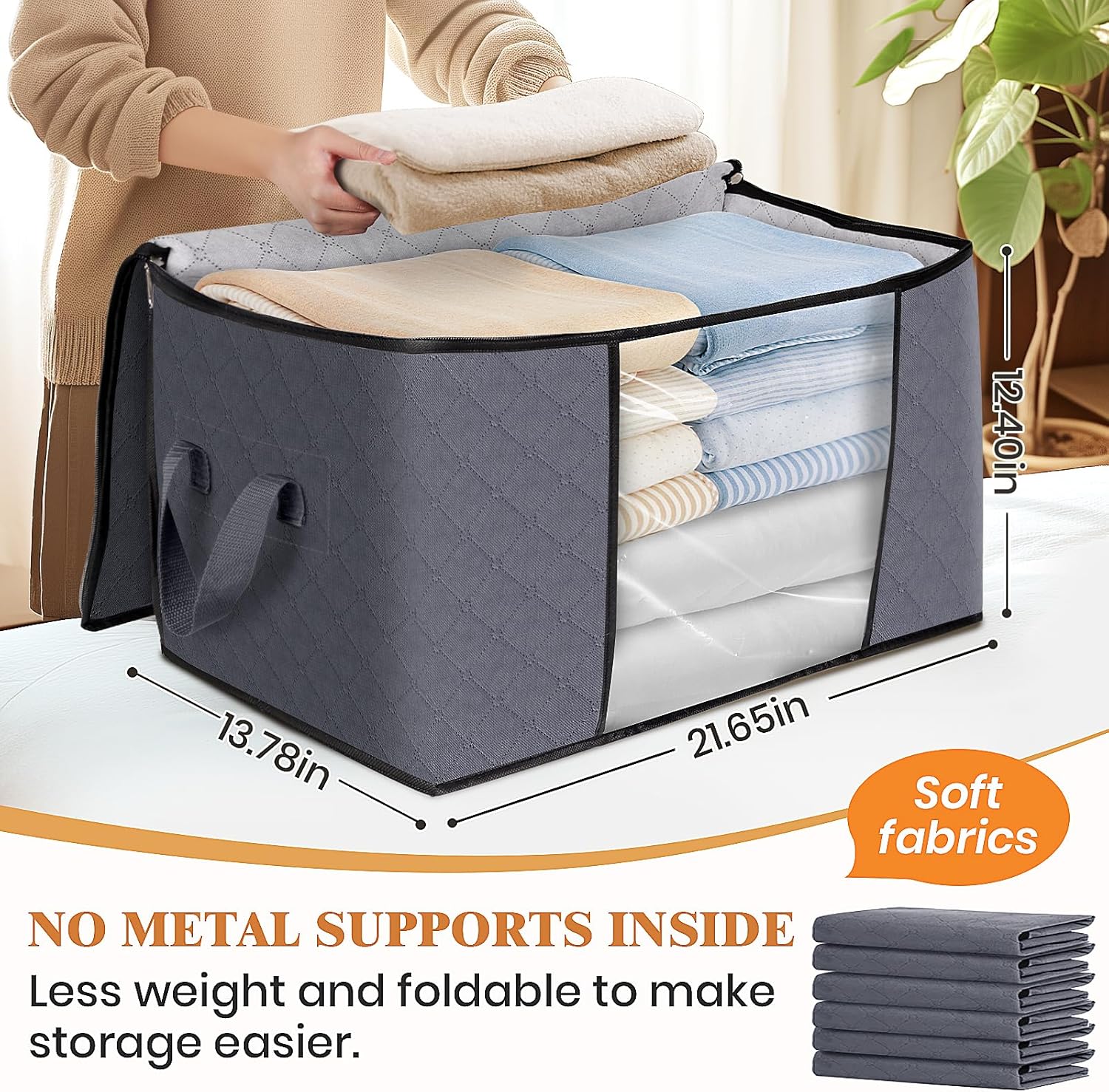 Fab totes 6 Pack Clothes Storage, Foldable Thick Fabric Blanket Storage Bags, Storage Containers for Organizing Bedroom, Closet, Clothing, Comforter, Organization and Storage with Handle,Grey ? ? ? ? ? - Image 2