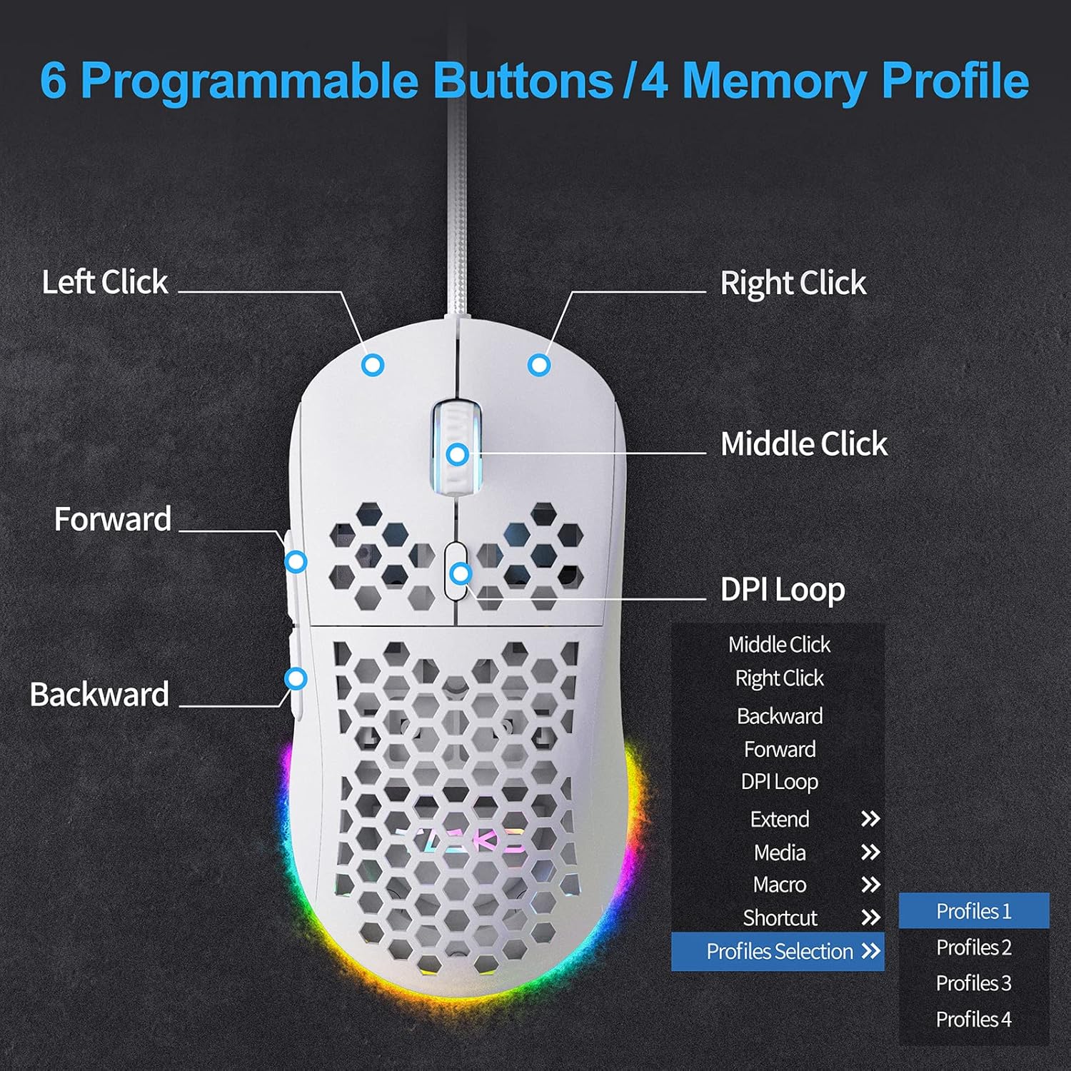 TMKB Falcon M1SE Ultralight Honeycomb Gaming Mouse, High-Precision 12800DPI Optical Sensor, 6 Programmable Buttons, Customizable RGB, Drag-Free Paracord, Ergonomic, Wired - Matte White ? ? ? ? ? - Image 3