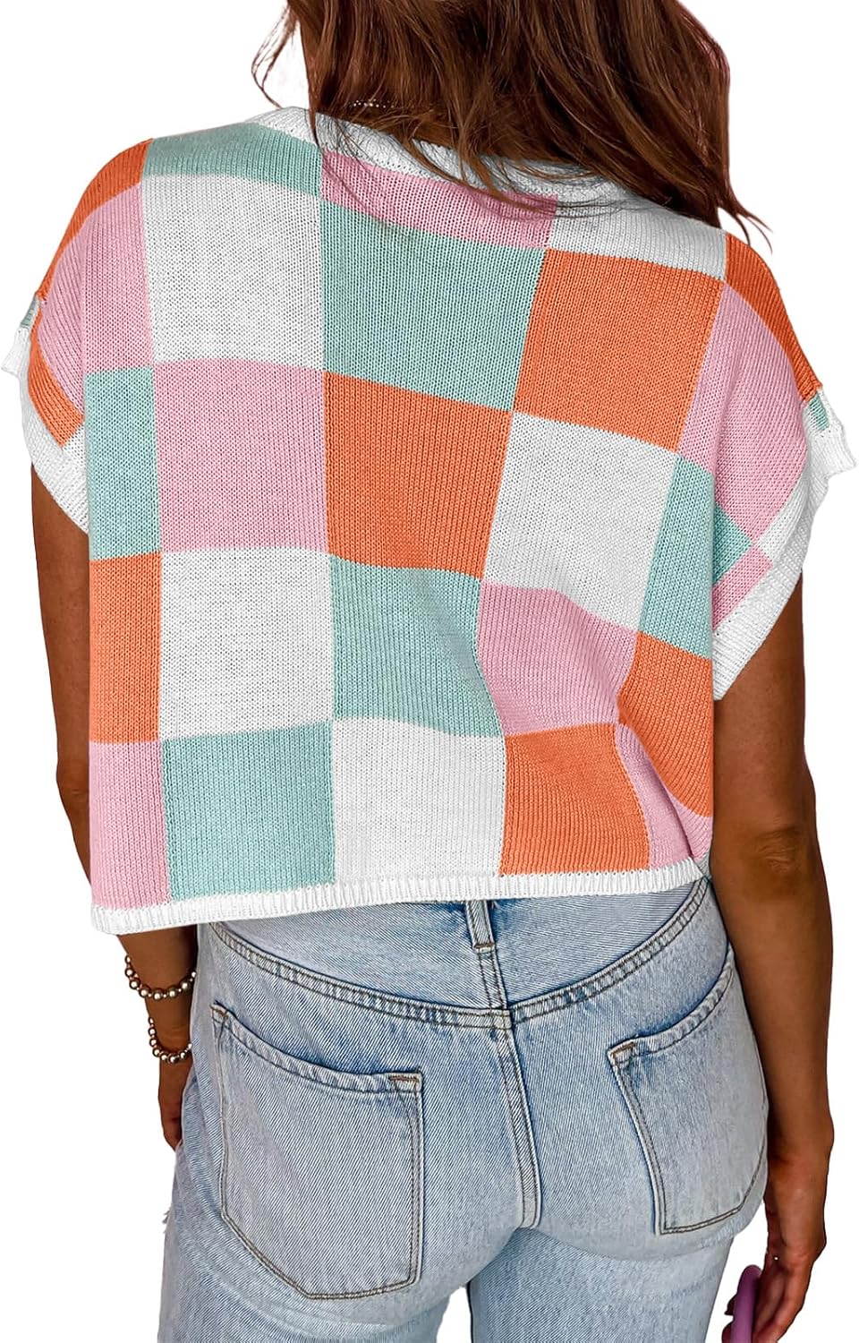Saodimallsu Womens Cap Sleeve Crop Tops Summer Color Block Going Out Crew Neck Knit Trendy Casual Sweater ? - Image 4