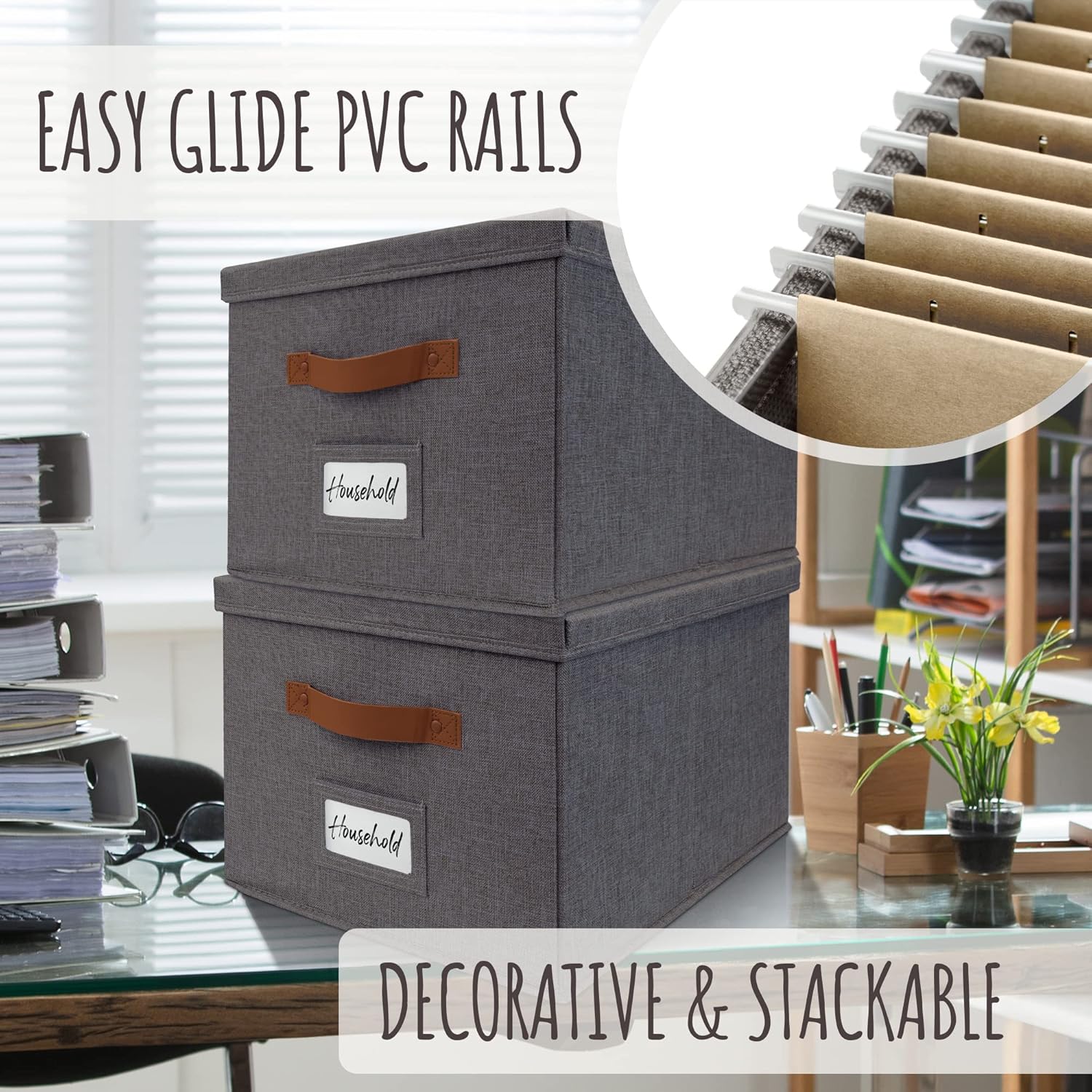 ZICOTO Decorative File Organizer Box Set of 2 - Collapsible Linen Filing Cabinets w/Handles Are Perfect to Store all Your Documents & Hanging File Folders - Portable Easy Slide Crates with Lid ? ? ? ? ? - Image 4