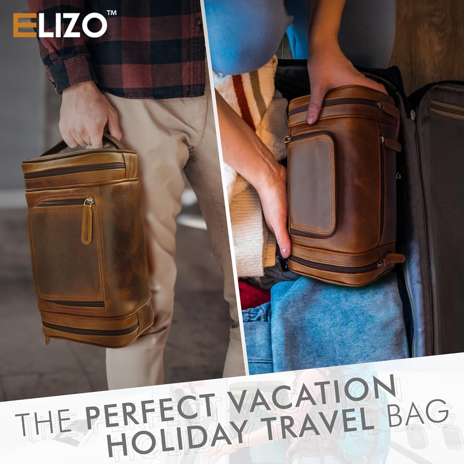 ELIZO Leather Toiletry Bag - Dopp Kit for Men & Women | Large Travel Bag | Waterproof Lining | Hanging Bathroom Organizer | Multiple Pockets, Sturdy Handle | Shaving & Grooming Kit ? ? ? ? ? - Image 5