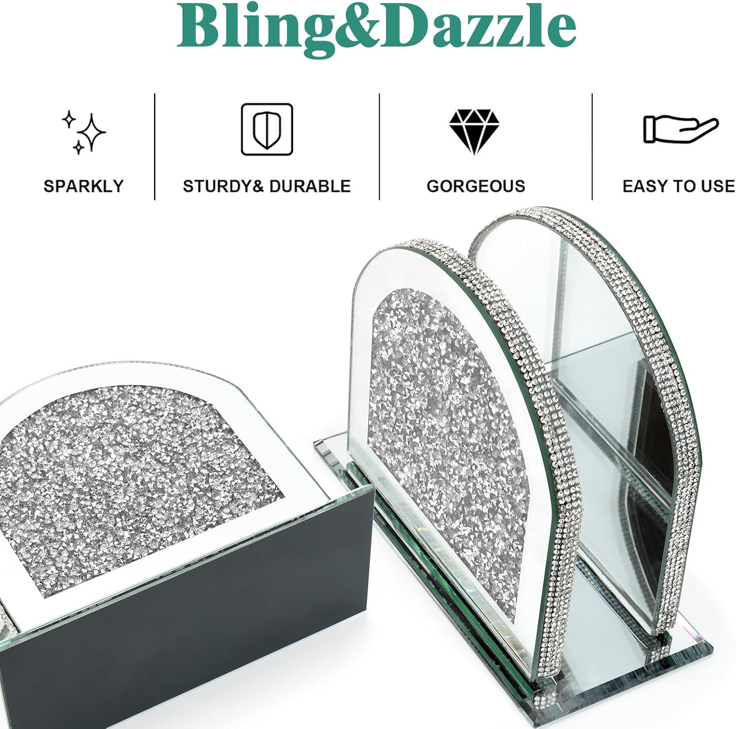 Napkin Holder, Crystal Napkin Holders for Tables, Mirrored Crushed Diamond Napkin Dispenser, Vertical Napkin Holder, Bling Kitchen and Dining Table Decor Accessories with Weighted Base ? ? ? ? ? - Image 2