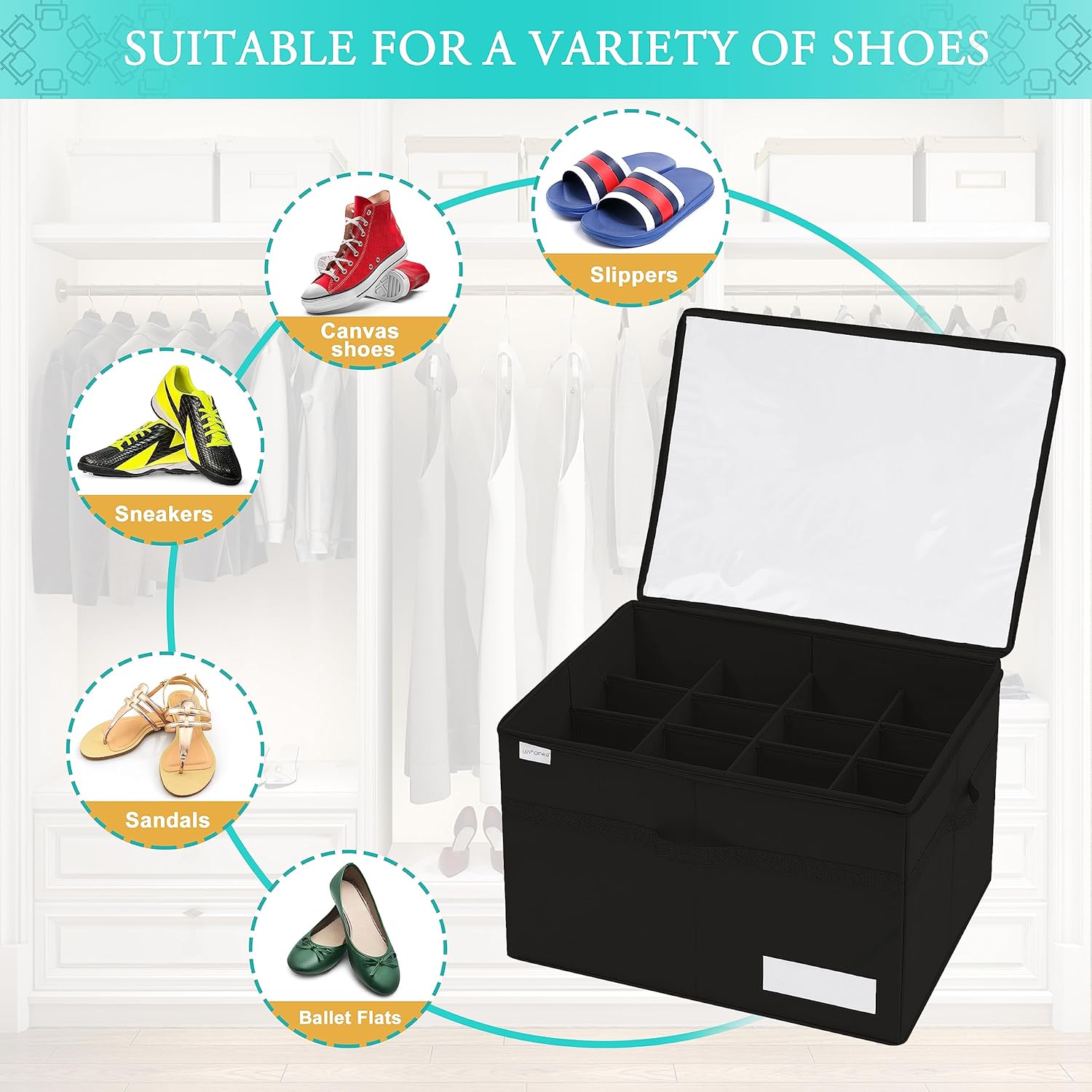 Shoe Storage Organizer, Fits 16 Pairs, Large Shoe Organizer Box for Closet, Clear Foldable Shoes Containers w/Bottom Support, Space Saving Shoe Cubby Storage Boxes w/Reinforced Handles, Black ? ? ? ? ? - Image 3