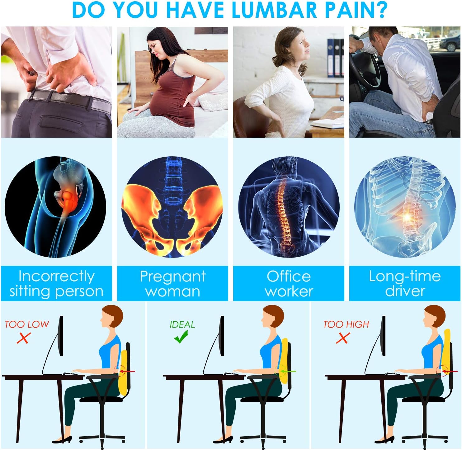 Lumbar Support Pillow for Office Chair Car Back Support Pillow, Memory Foam Gaming Chair Desk Chair Back Cushion for Lower Back Pain Relief, Ergonomic Back Rest with Double Adjustable Straps - Image 2