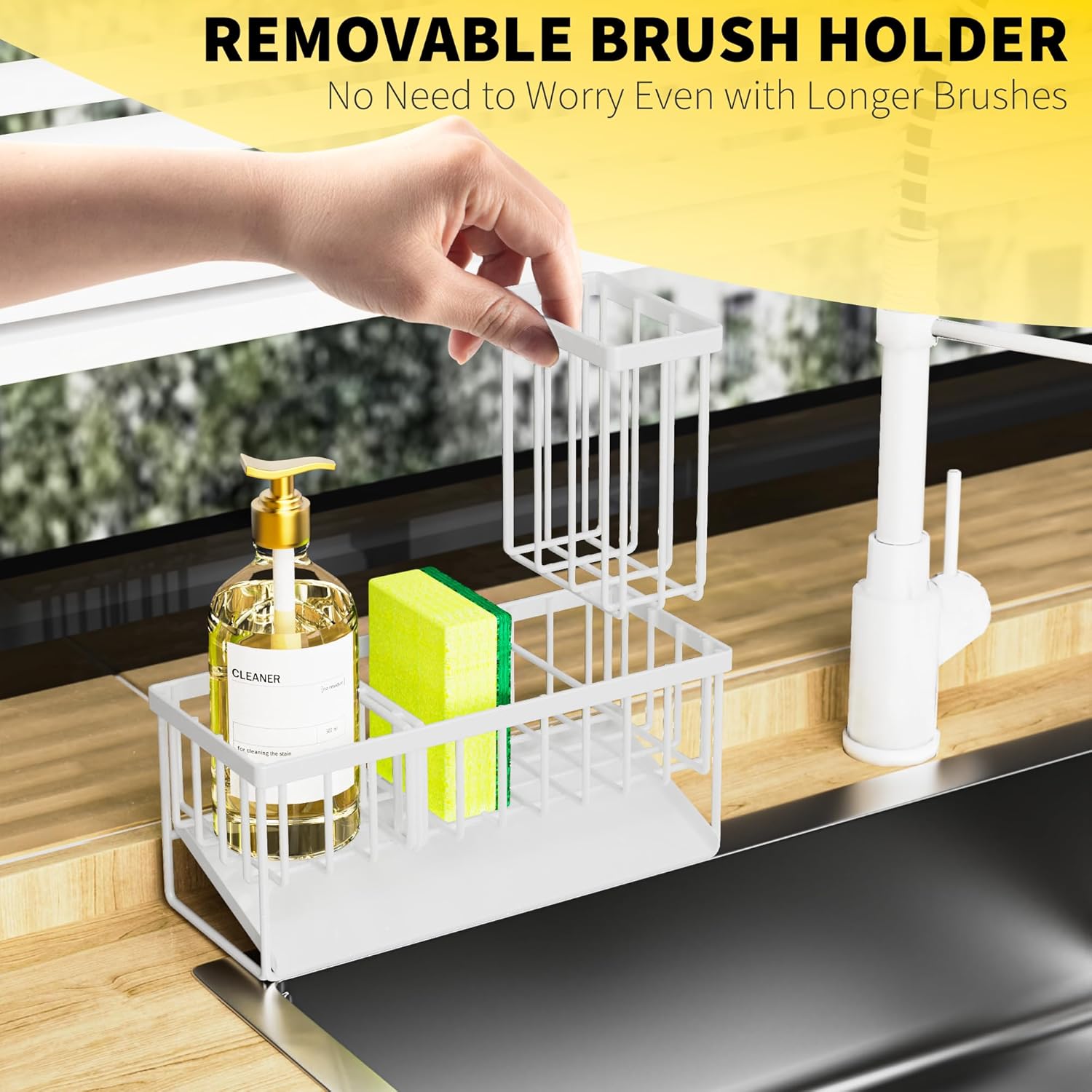 Cisily Sink Caddy Sponge Holder for Kitchen Sink, 304 Stainless Steel Rustproof, Kitchen Sink Caddy with High Brush Holder, Kitchen Sink Organzier Dish Sponge Organizer with Divider(White) - Image 3