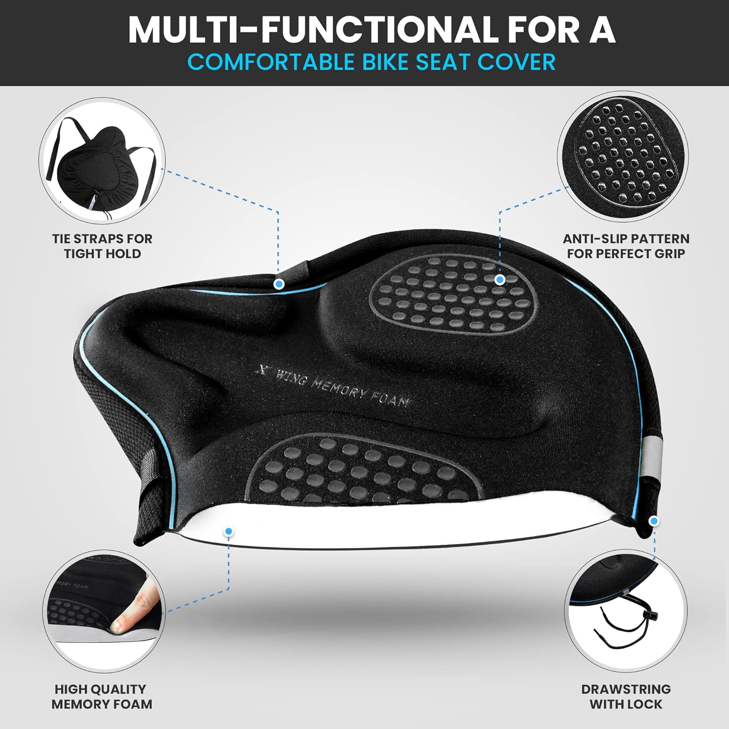 X Wing Bike Seat Cover Padded with Memory Foam OR Gel, Bicycle Saddle Soft for Men Women, Comfort Exercise Cycle Seats Cushion Padded Fits Stationary Bikes, Spin, for Indoor and Outdoor Cycling ? ? ? ? ? - Image 4