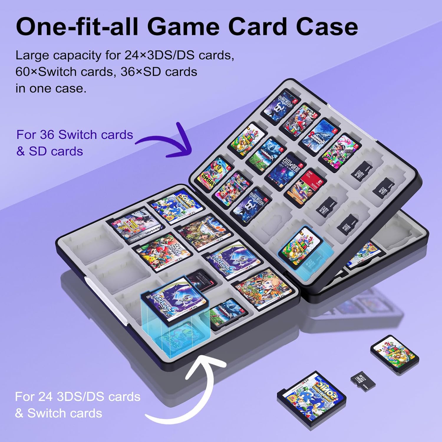 TiMOVO 60 Game Card Case for Switch OLED/Switch/3DS/2DS, 60 Slots Switch Game Holder Cartridge For 24 3DS/3DSXL/DS/DSi Cards & 60 Switch & 36 SD Cards, 3 in 1 Portable Game Storage Case, Black & Gray ? ? ? ? ? - Image 3