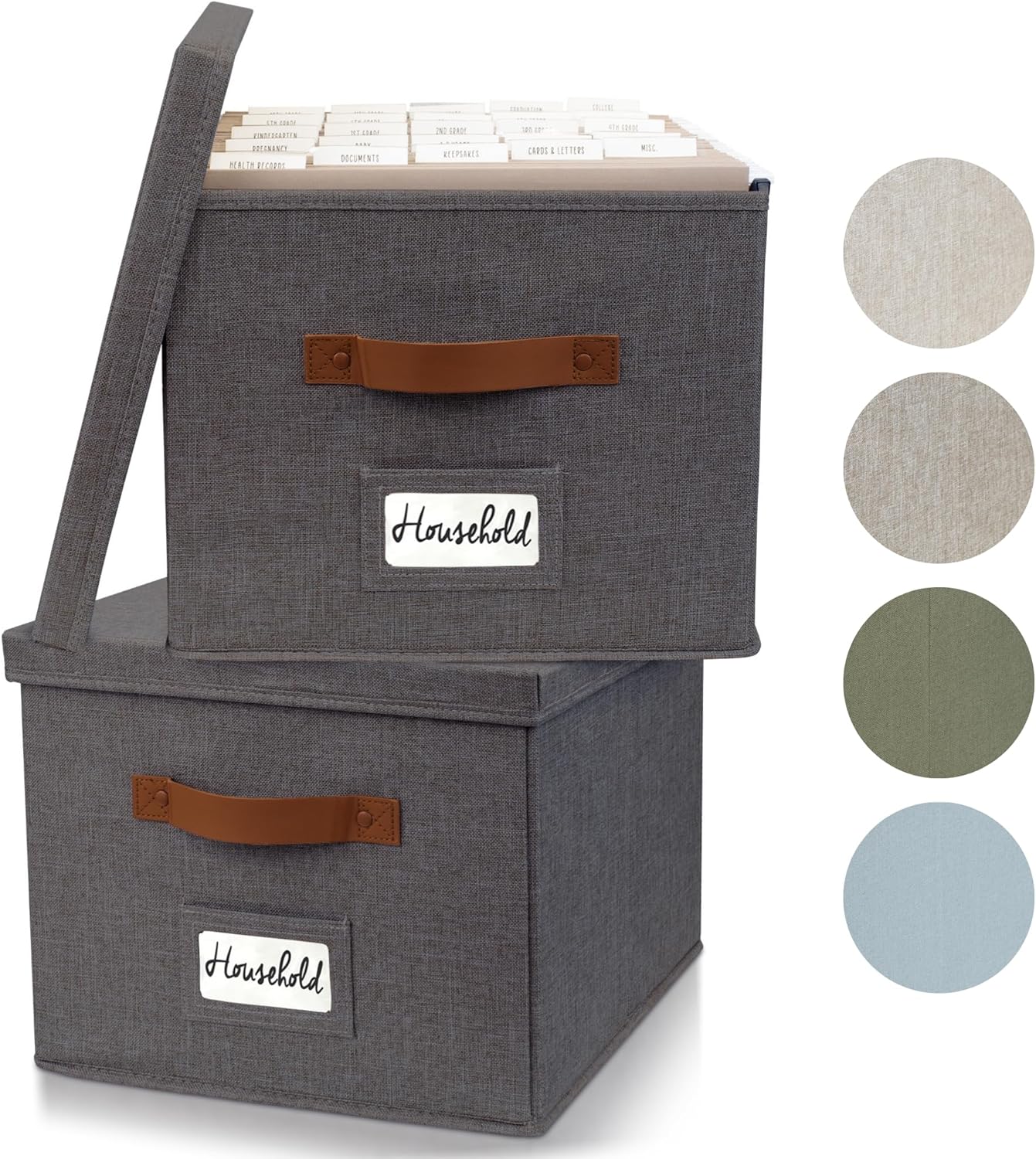 ZICOTO Decorative File Organizer Box Set of 2 - Collapsible Linen Filing Cabinets w/Handles Are Perfect to Store all Your Documents & Hanging File Folders - Portable Easy Slide Crates with Lid ? ? ? ? ?