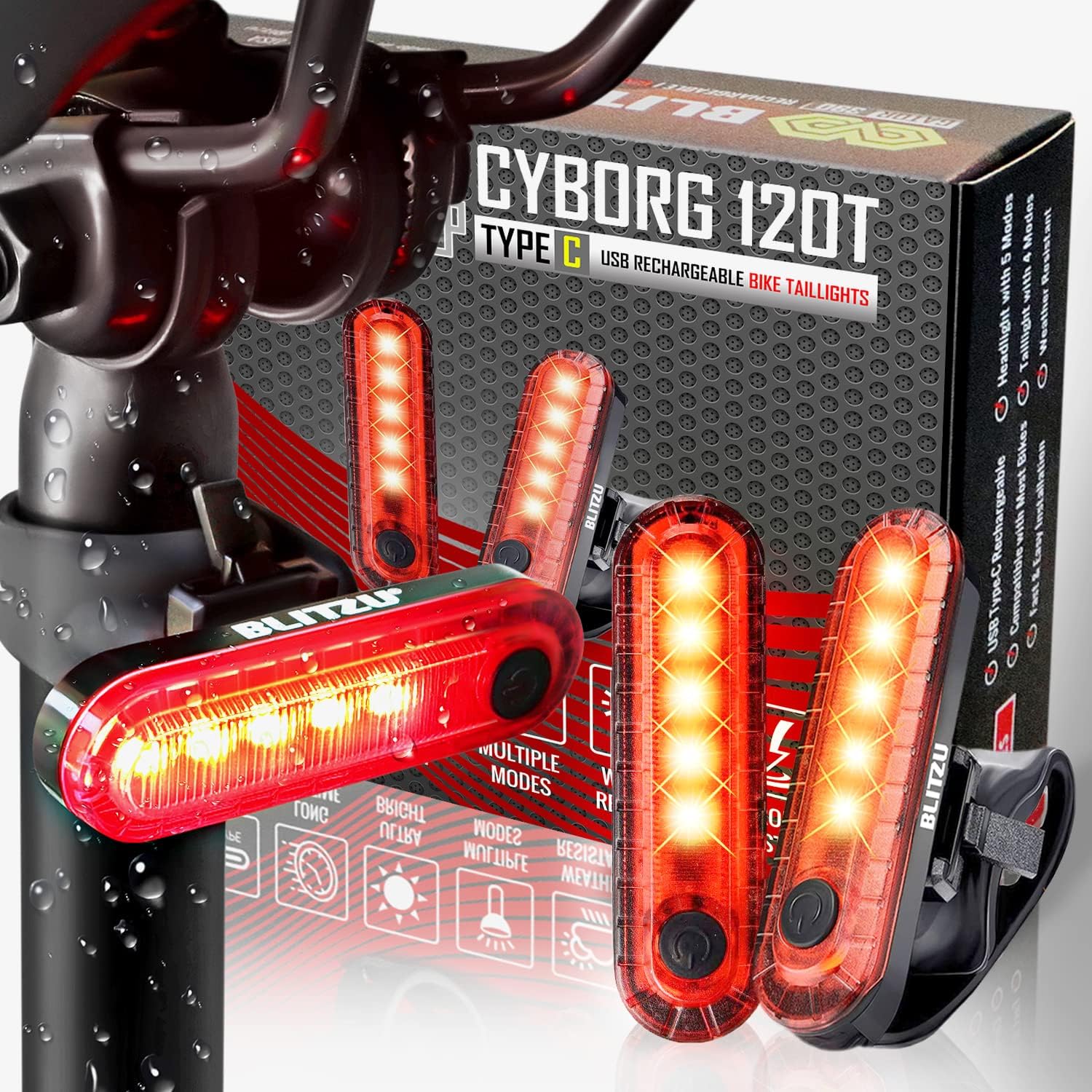 BLITZU USB-C Rechargeable Bike Tail Light 2 Pack, Bright Bicycle Rear Cycling Safety Flashlight Accessories for Night Riding, Cyborg 120T, 4 Light Modes for Adults Kids Men Women Road Mountain ? ? ? ? ?