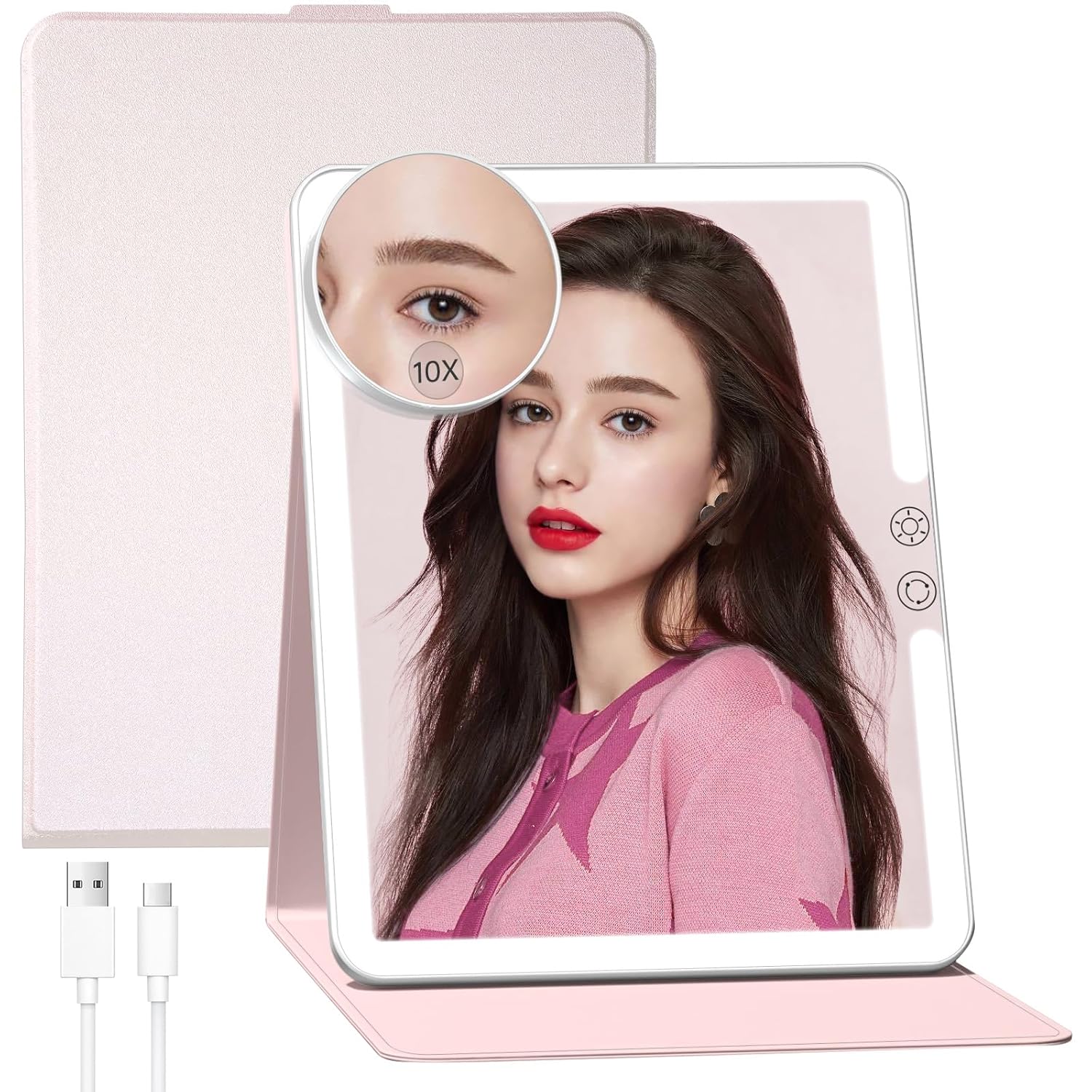 FUNTOUCH 2500mAh Large Rechargeable Travel Makeup Mirror with Lights, Portable Makeup Mirror with 10X Magnifying Mirror 3 Lighting Modes, Tabletop Folding Travel Mirror with PU Leather Cover (Pink) ? ? ? ? ?