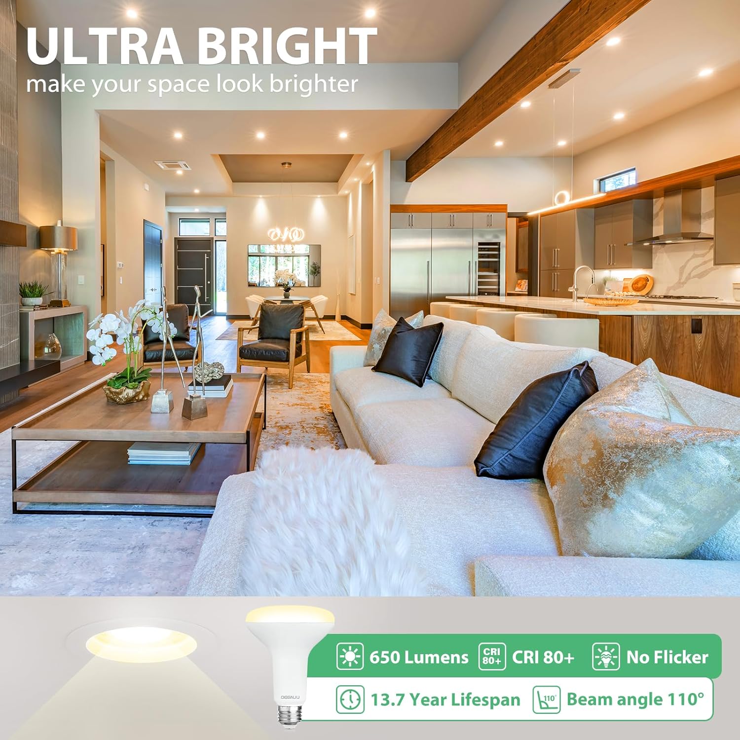 BR30 LED Bulb, Dimmable Flood Lights Indoor CRI80 7W Equivalent 65W 2700K Soft White 650 Lumens, 15000 Lifetime Hours Recessed Light Bulbs, Interior E26 Base LED Can Light Bulbs, 6 Pack - Image 2