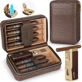 Scotte Cigar Humidor Box, Cigar Lighter Cedar Wood Lined Leather Cigar Case Built in Hygrometer & Humidifier, Torch Lighter with Cigar Holder Cigar Punch Portable Travel Cigar Humidor Kit(No Butane) ?   ?   ?  ?   ?