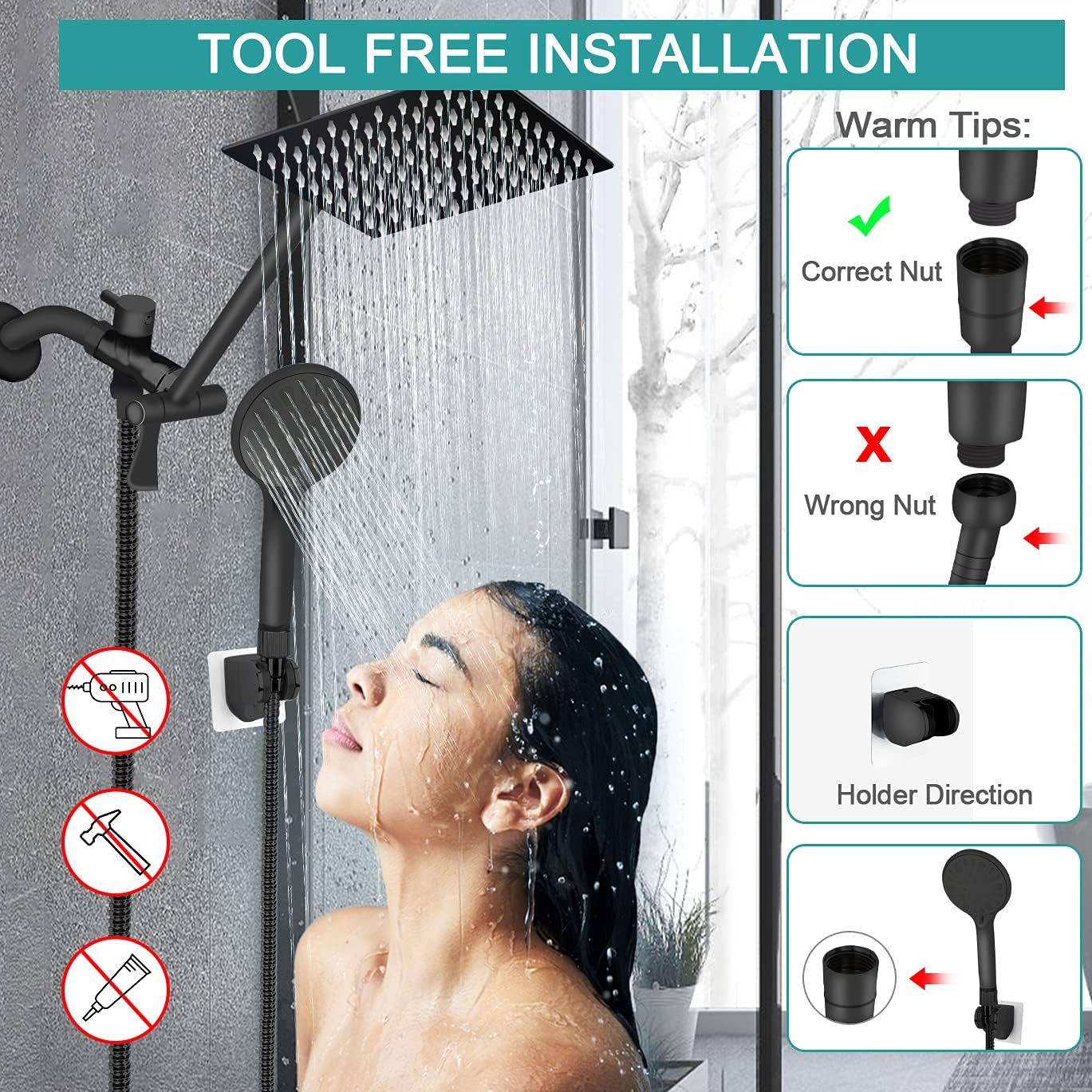 Shower Head, 8?? High Pressure Rainfall/Handheld Shower Combo with 11'' Extension Arm, 9 Settings, Anti-leak Shower Head with Holder, Height/Angle Adjustable, Chrome, Matte Black ? ? ? ? ? - Image 6