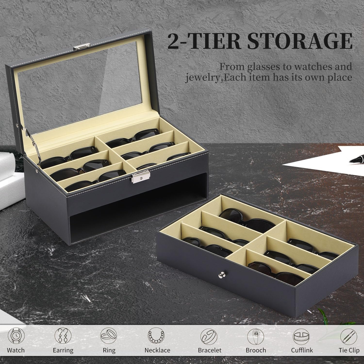 AUTOARK Leather 12 Piece Eyeglasses Storage and Sunglass Glasses Display Drawer Lockable Case Organizer,Black,AW-023 ? ? ? ? ? - Image 6
