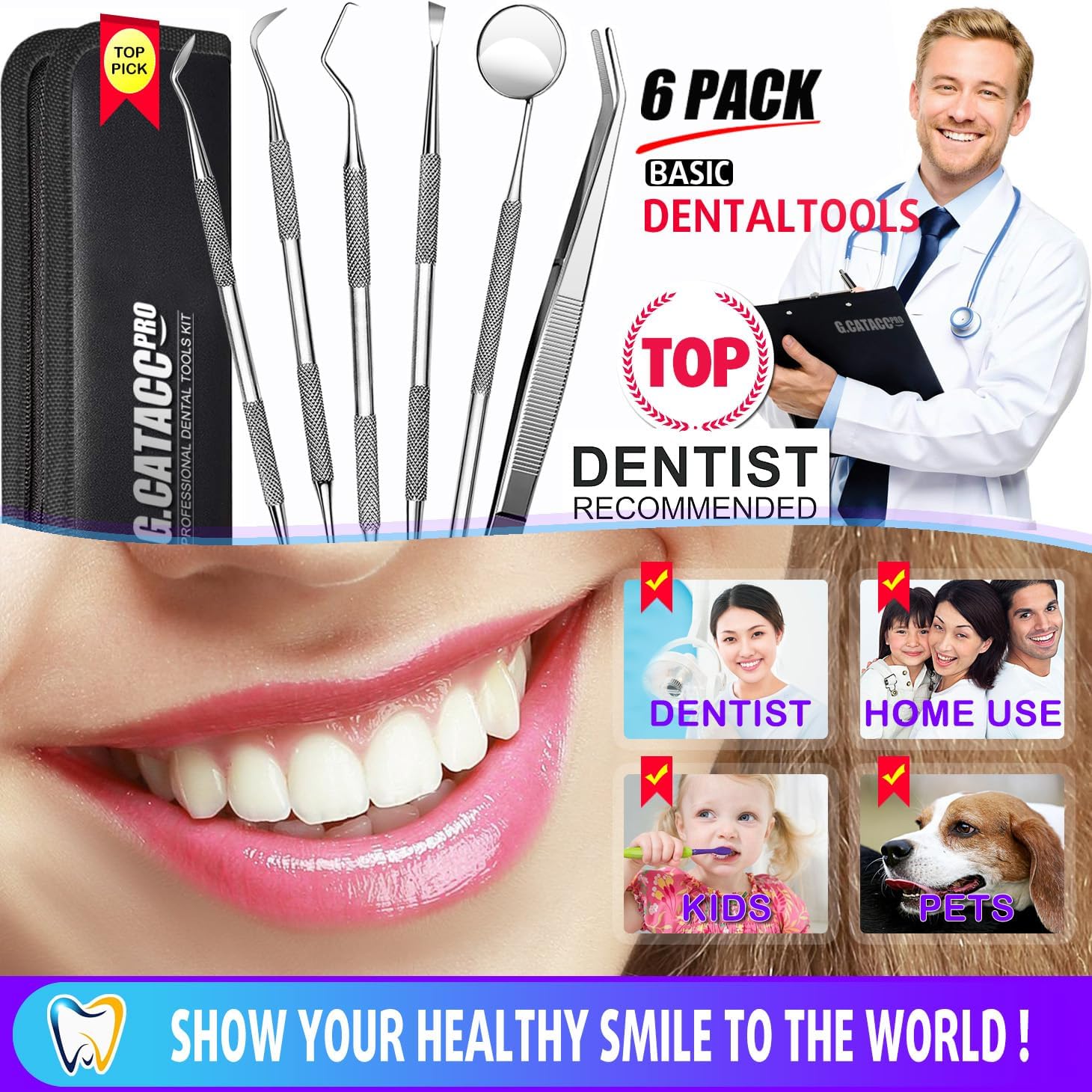 G.CATACC Dental Tools, Dental Pick Teeth Cleaning Tools Hygiene Kit, Plaque Remover for Teeth, Professional Stainless Steel Tooth Scraper Plaque Tartar Cleaner - with Case - Image 2
