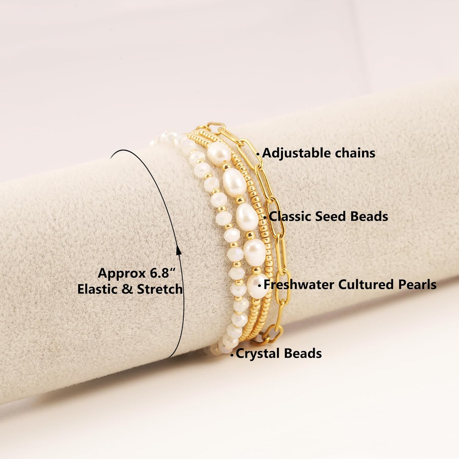Dainty Gold Pearl Crystal Beaded Bracelets Set for Women 14K Real Gold Plated Bead Pearl Crystal Beads Bracelet Stackable Paperclip Link Chain Bracelets Gold Bracelets for Women Trendy Jewelry ? - Image 2