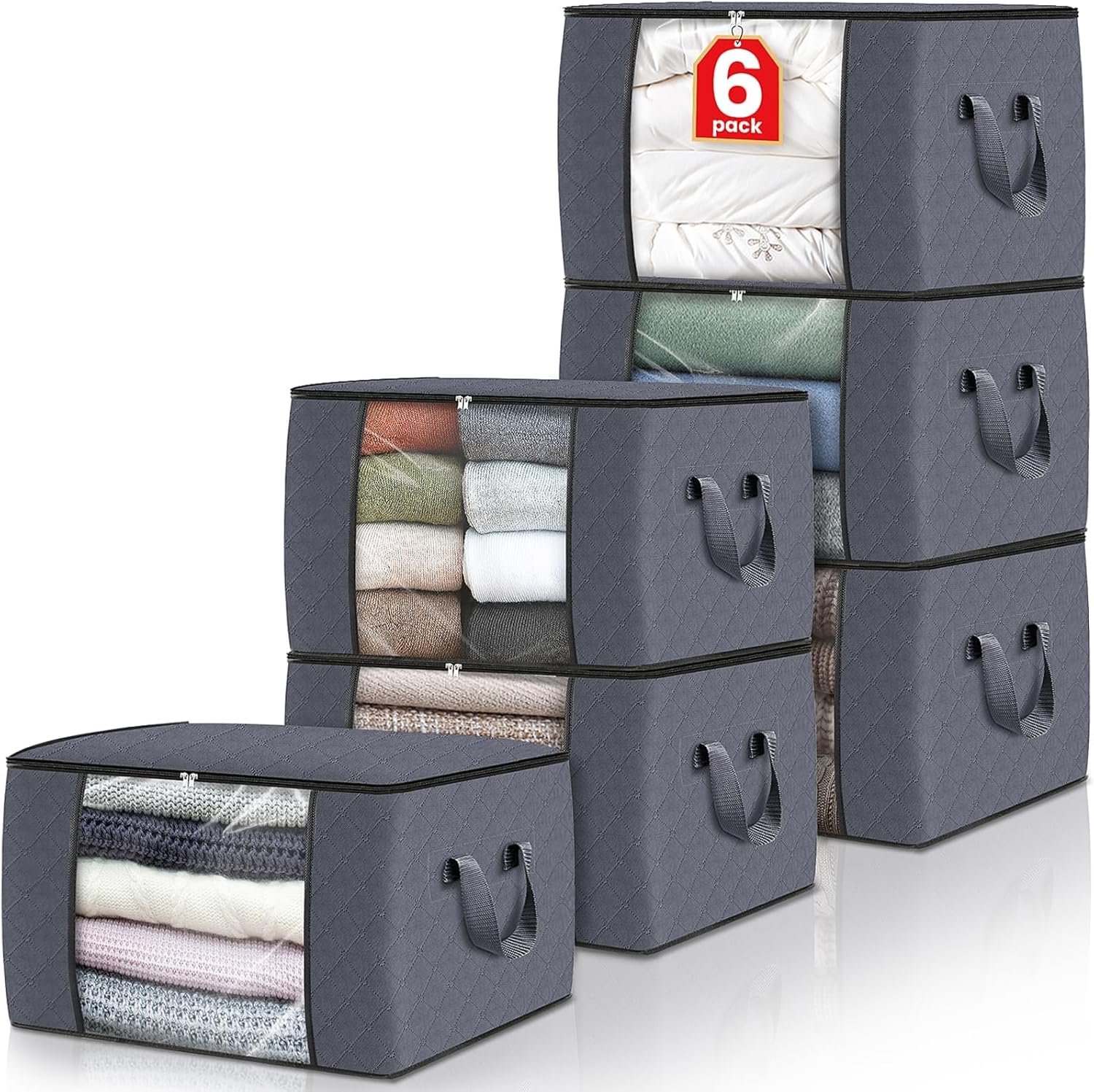 Fab totes 6 Pack Clothes Storage, Foldable Thick Fabric Blanket Storage Bags, Storage Containers for Organizing Bedroom, Closet, Clothing, Comforter, Organization and Storage with Handle,Grey ? ? ? ? ?