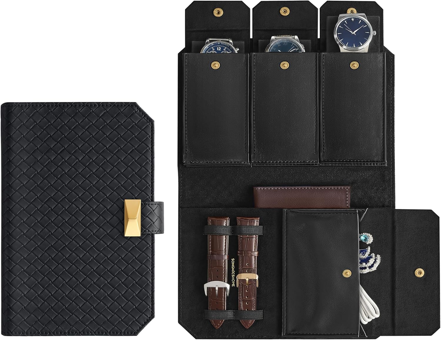 SONGMICS HOME RONNE Collection - 3 Watch Travel Case, PU Leather Woven Embossed Watch Pouch, Portable Watch Storage Organizer, 8.7 x 5.7 x 1.8 Inches, Gift Idea, Ink Black UJWB018B01 ? ? ? ? ?