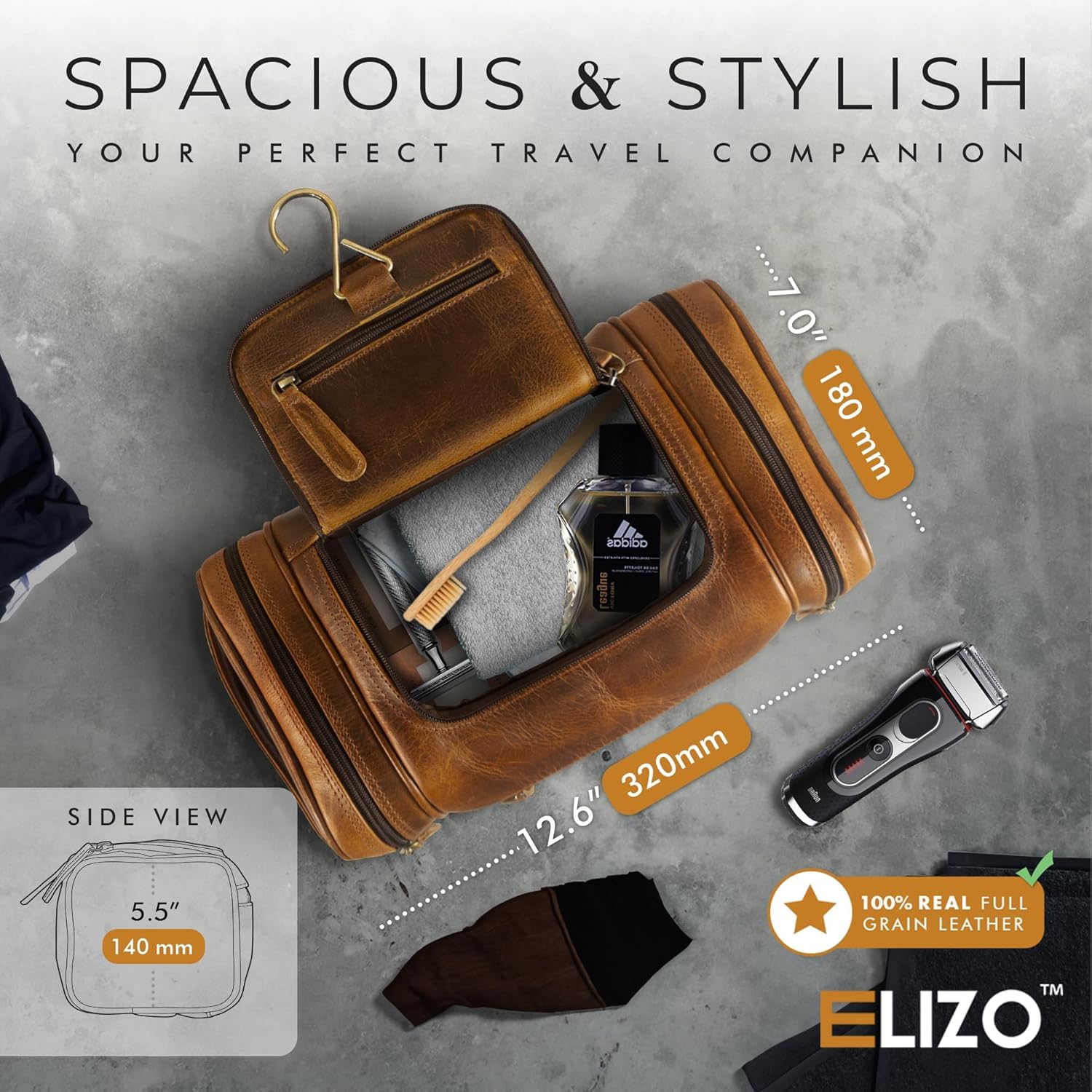 ELIZO Leather Toiletry Bag - Dopp Kit for Men & Women | Large Travel Bag | Waterproof Lining | Hanging Bathroom Organizer | Multiple Pockets, Sturdy Handle | Shaving & Grooming Kit ? ? ? ? ? - Image 2