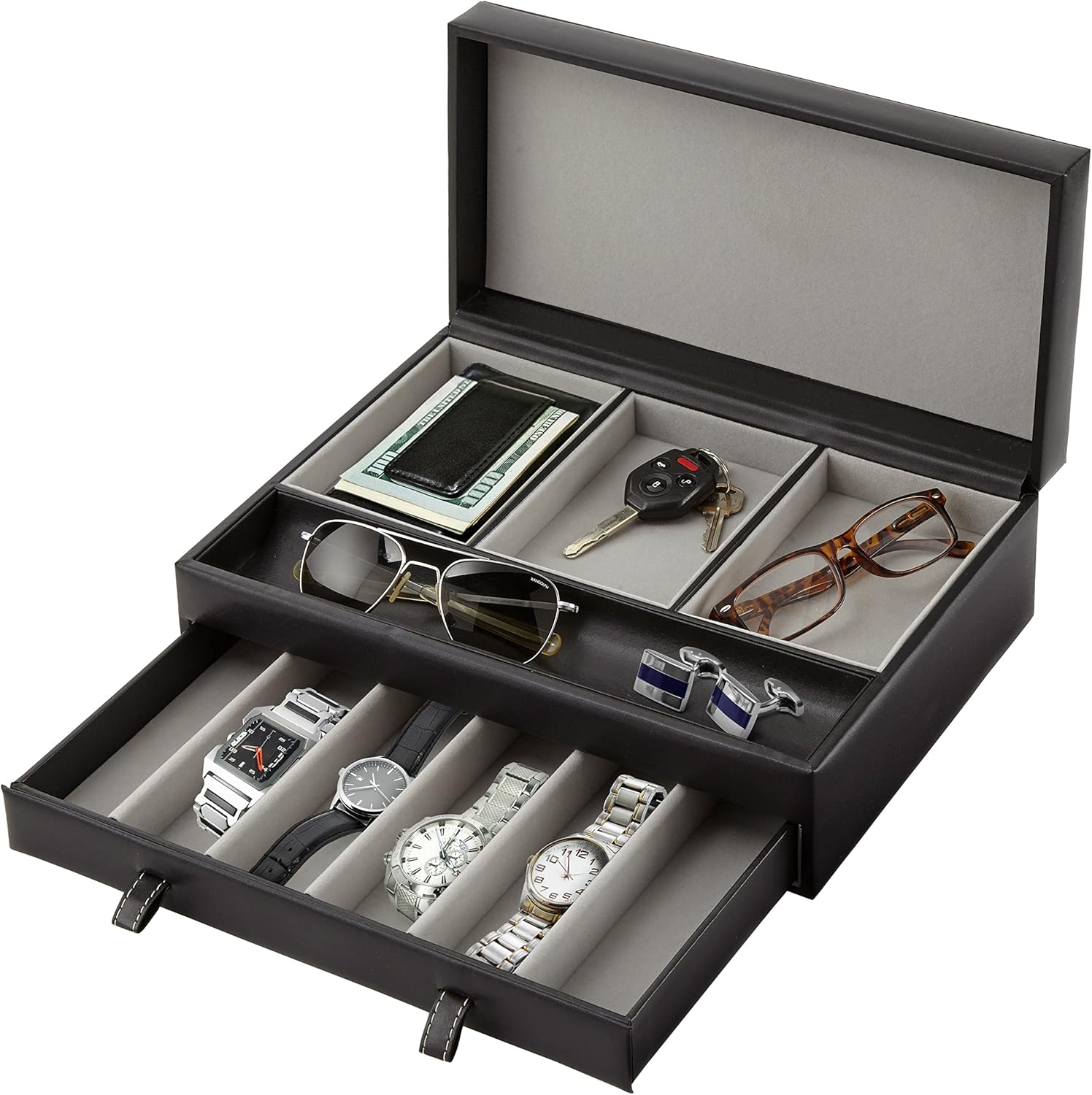 Stock Your Home Mens Valet Tray, Men's Jewelry Box, Night Stand Organizers and Storage, Bedside Table Organizer, Watch Box for Dresser, Faux Leather (Black & Gray) ? ? ? ? ?