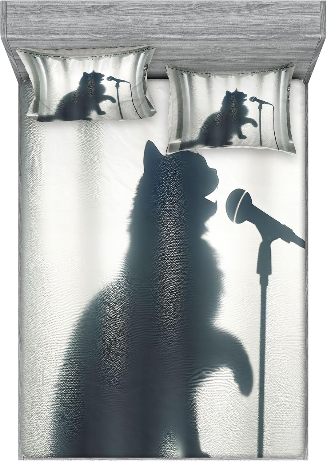 Ambesonne Cat Fitted Sheet & Pillow Sham Set, Shadow of a Singing Kitty Funny Bath Time Musician Animal Humorous Joke, Decorative Printed 3 Piece Bedding Decor Set, Full, Dark Blue Grey Off White