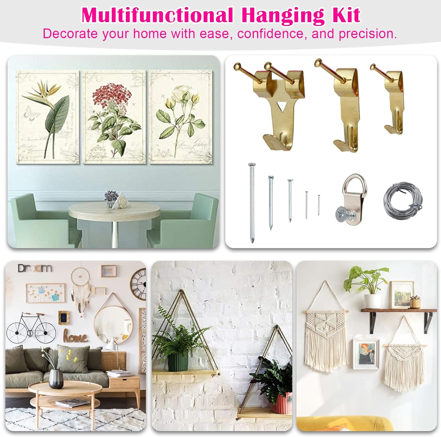 Picture Hanging Kit, 315pcs Hanging Hardware with Hooks, Wire, Nails, D Ring, Wall Hanging Kit with Hangers, Magnetic Level and Small Pink Claw Hammer, nails for hanging pictures for Home Decor ? ? ? ? ? - Image 3